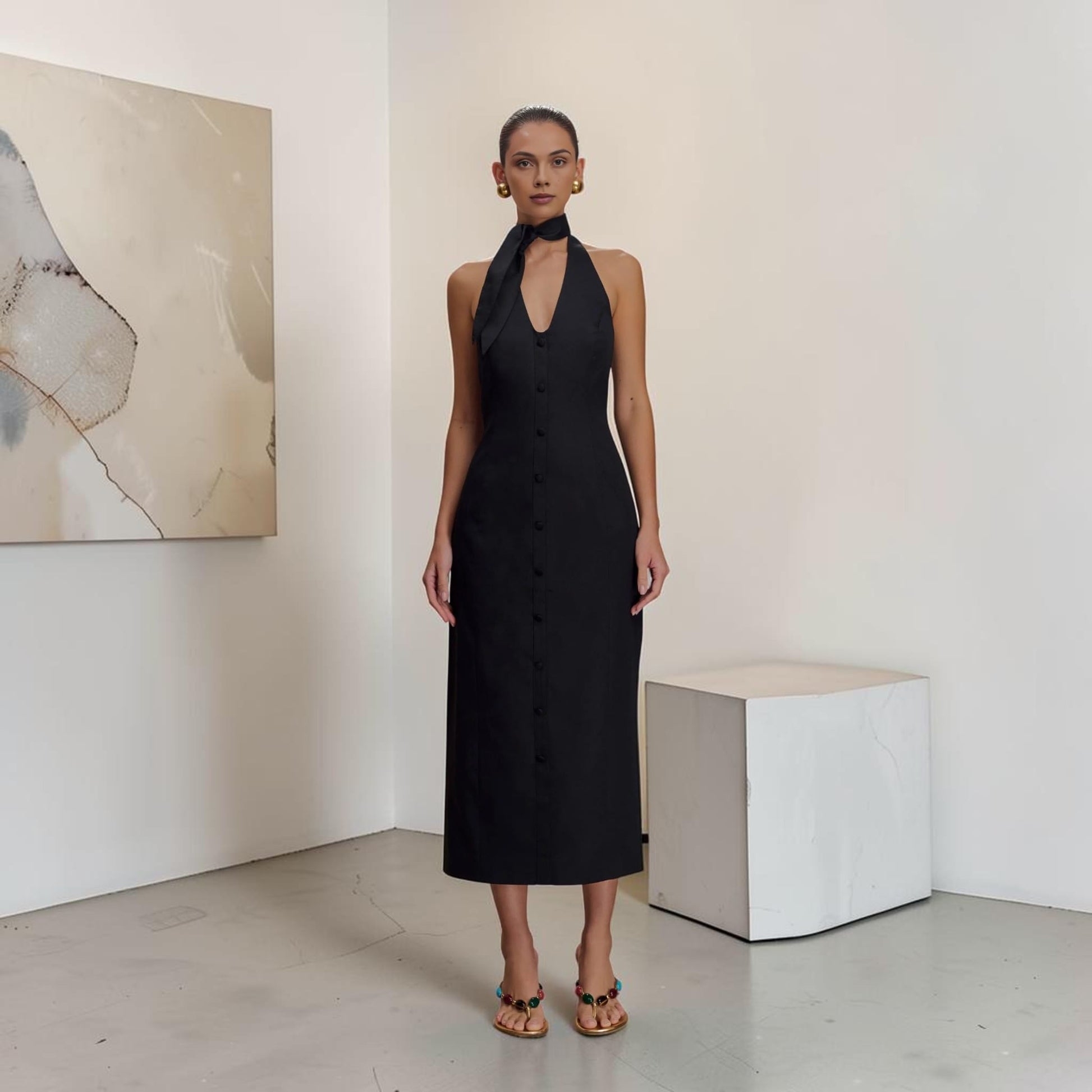Halter Neck Linen Midi Dress, Scarf Tie Open Back