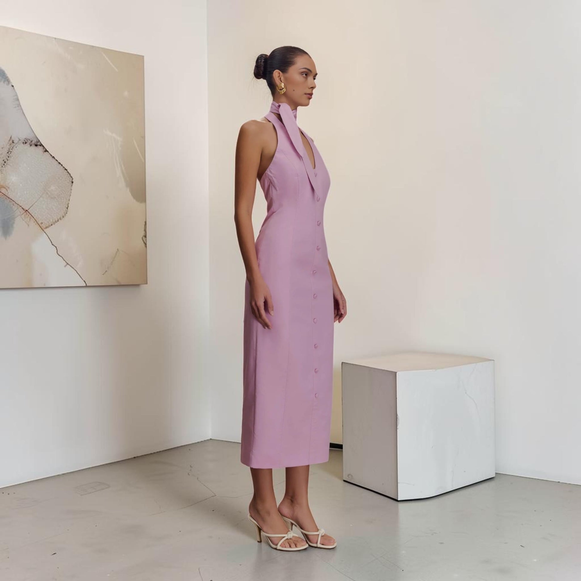 Halter Neck Linen Midi Dress, Scarf Tie Open Back