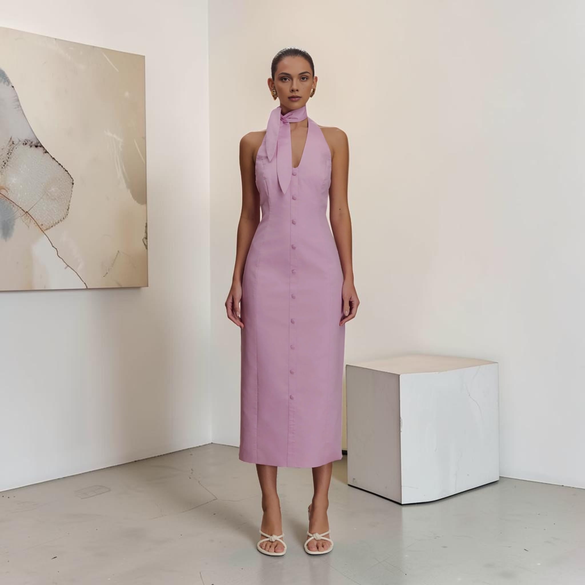 Halter Neck Linen Midi Dress, Scarf Tie Open Back