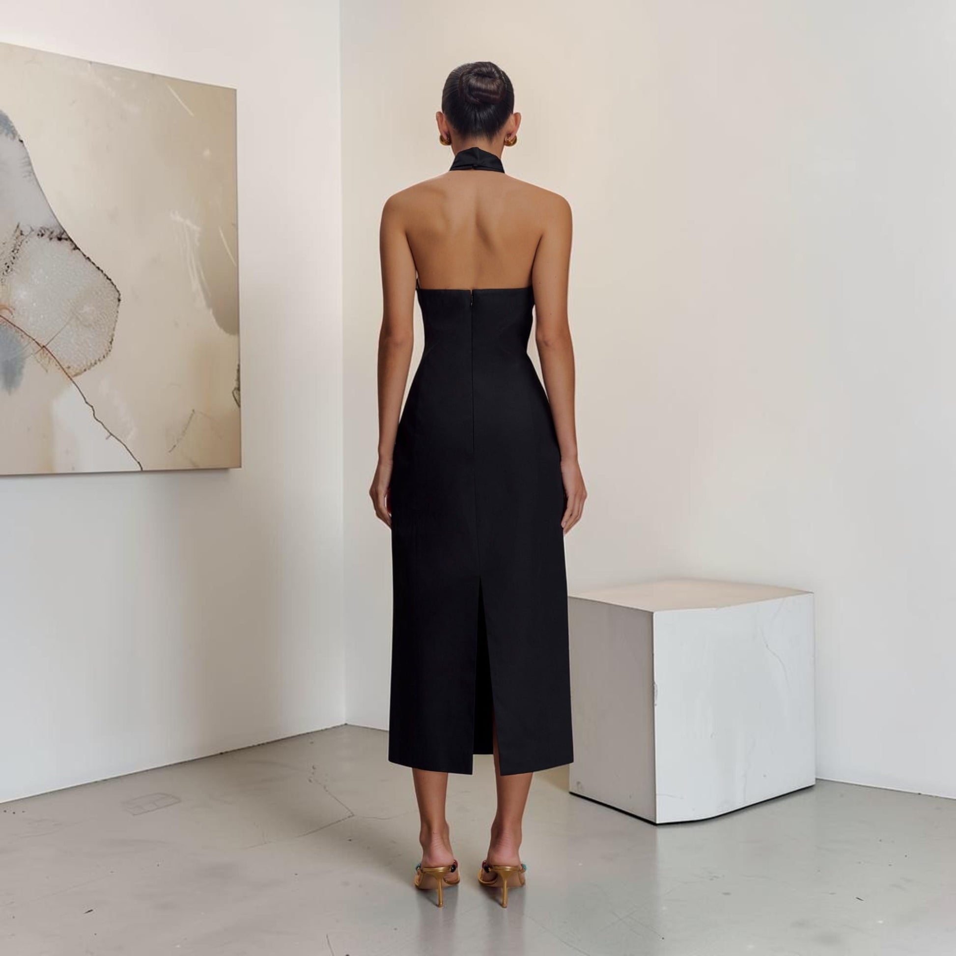 Halter Neck Linen Midi Dress, Scarf Tie Open Back