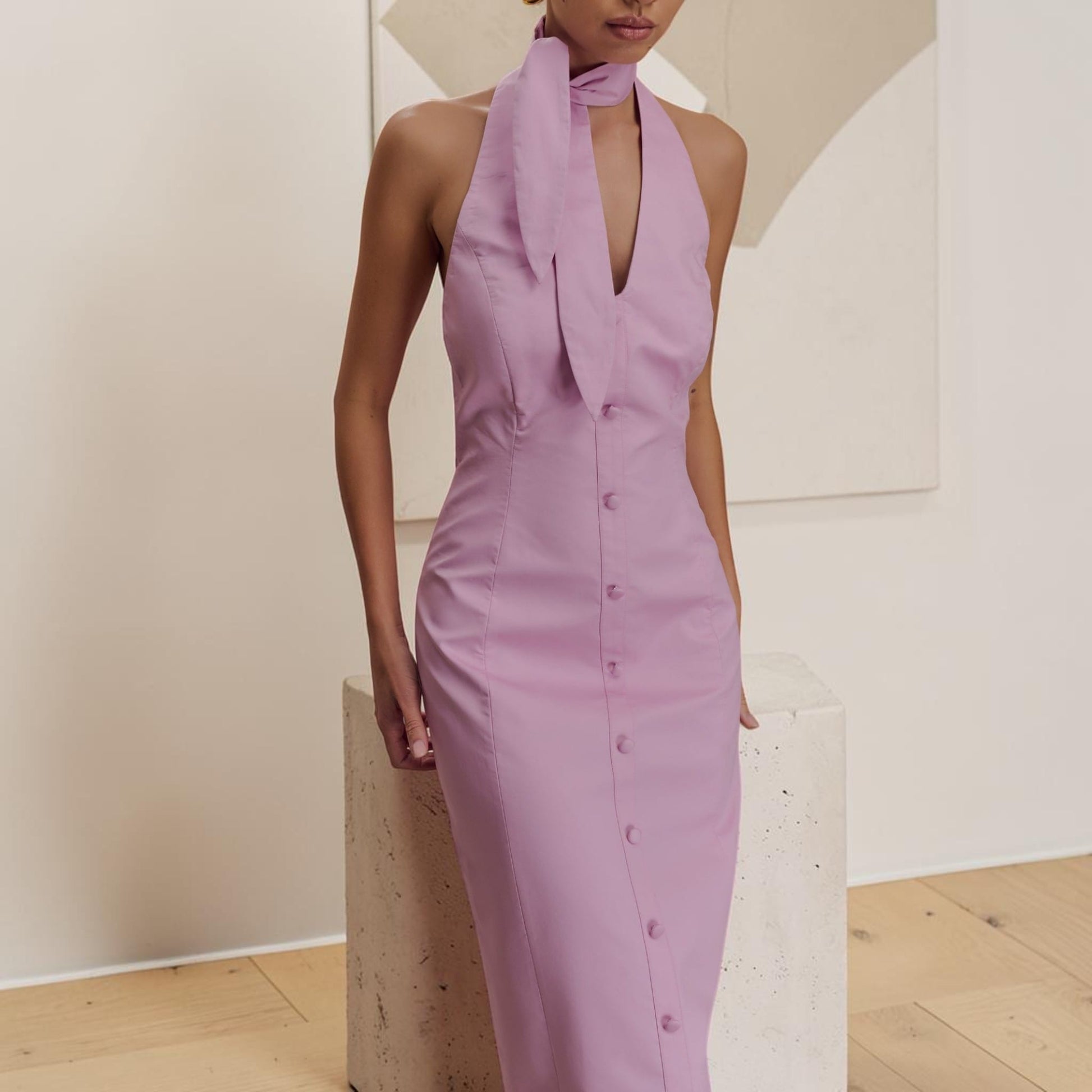 Halter Neck Linen Midi Dress, Scarf Tie Open Back