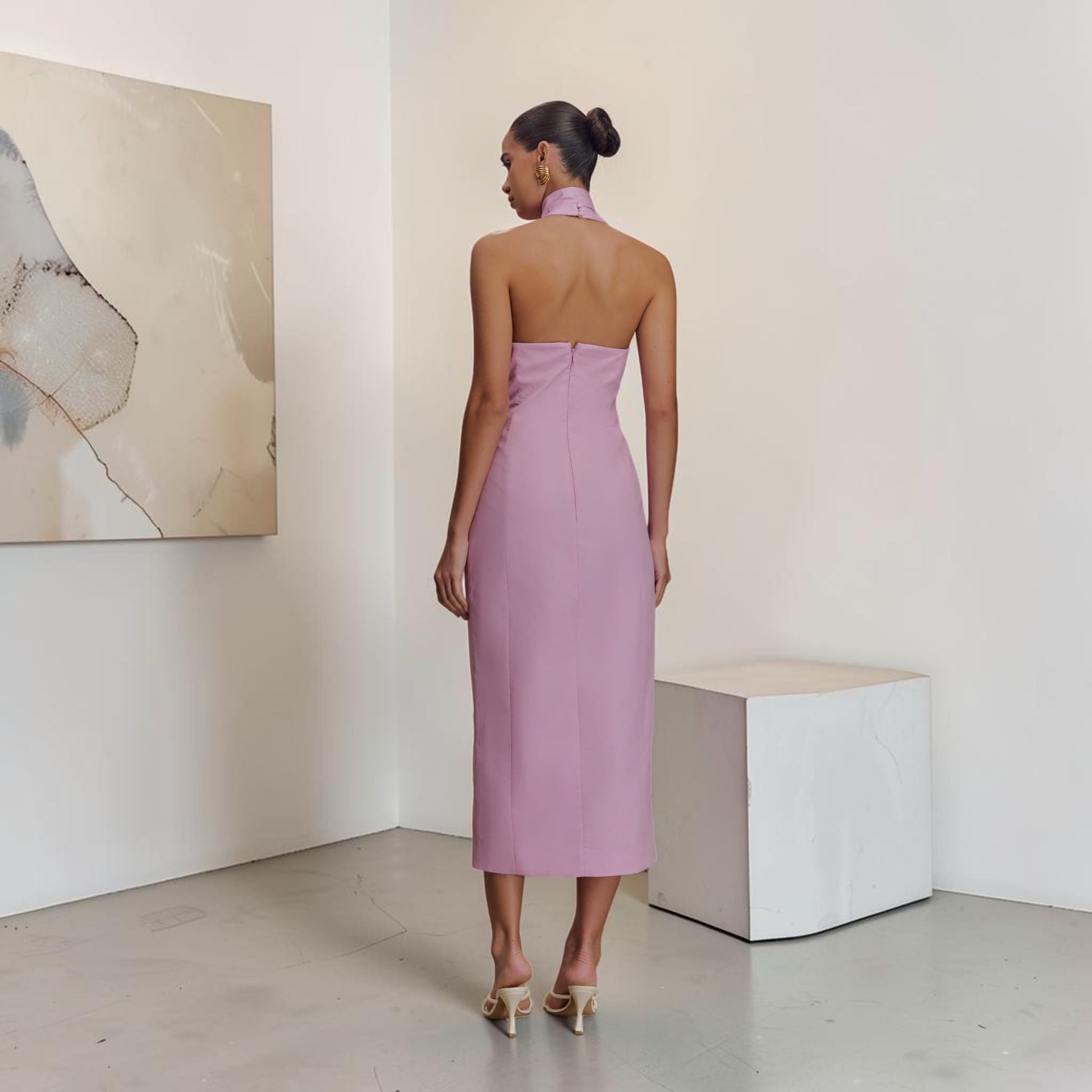 Halter Neck Linen Midi Dress, Scarf Tie Open Back