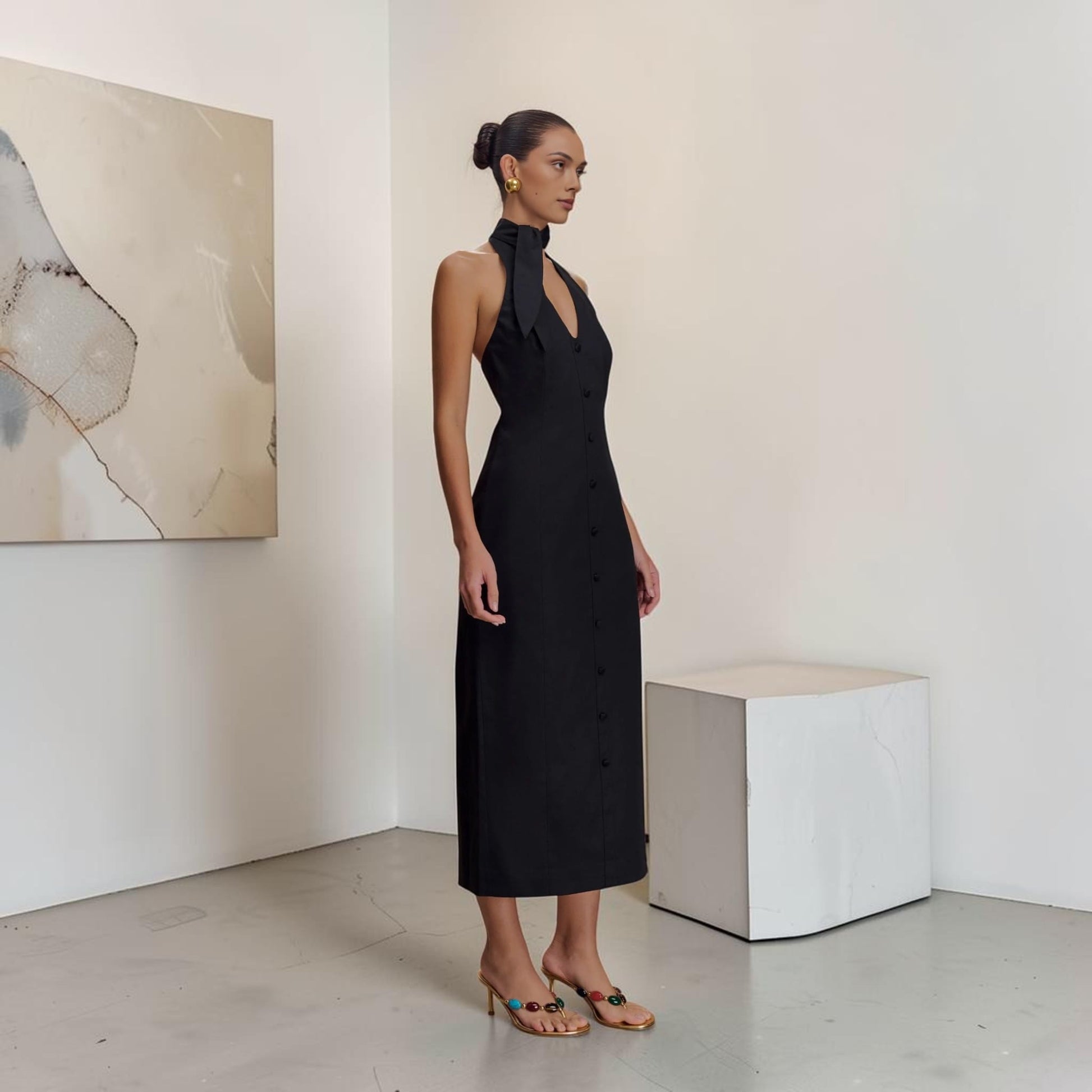 Halter Neck Linen Midi Dress, Scarf Tie Open Back