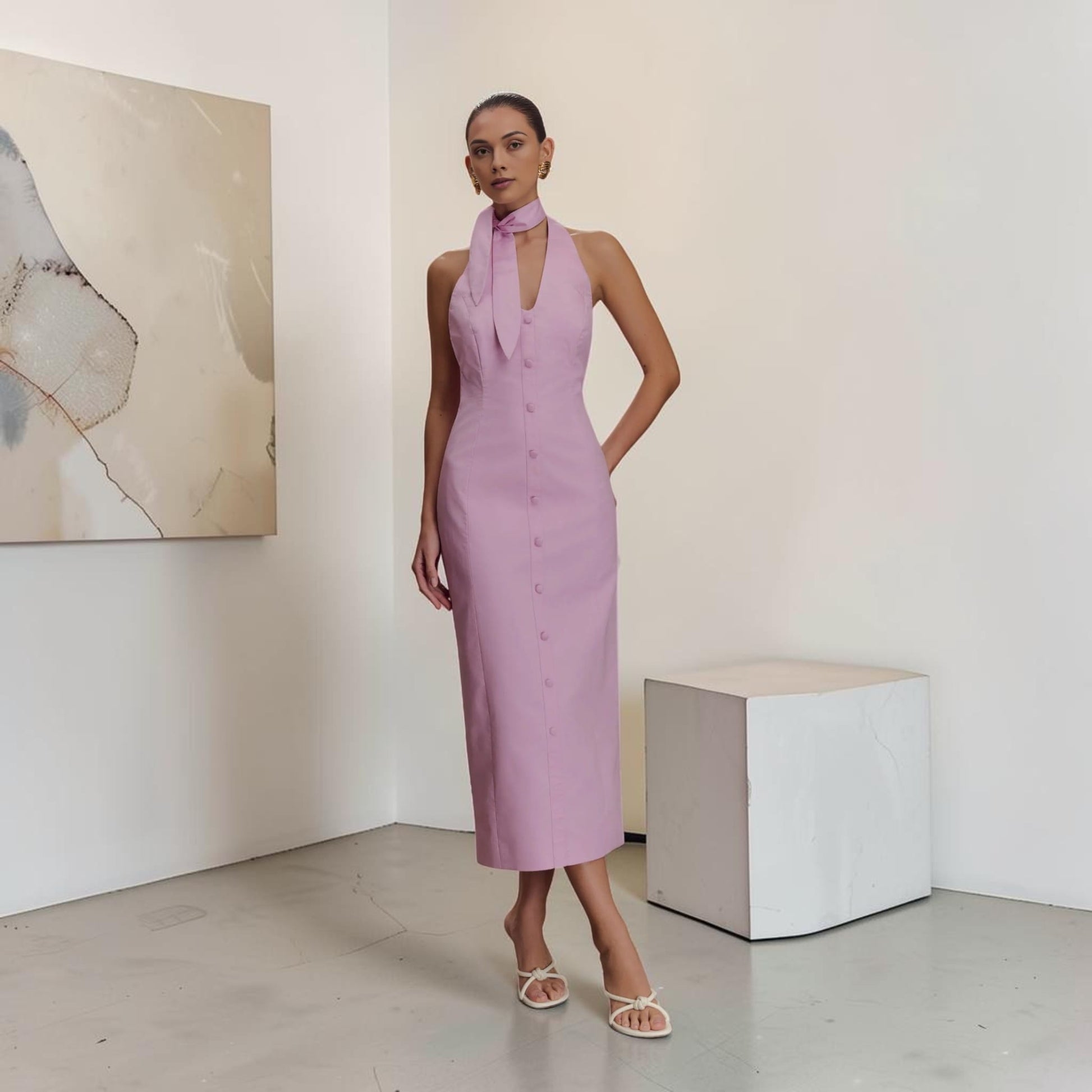 Halter Neck Linen Midi Dress, Scarf Tie Open Back