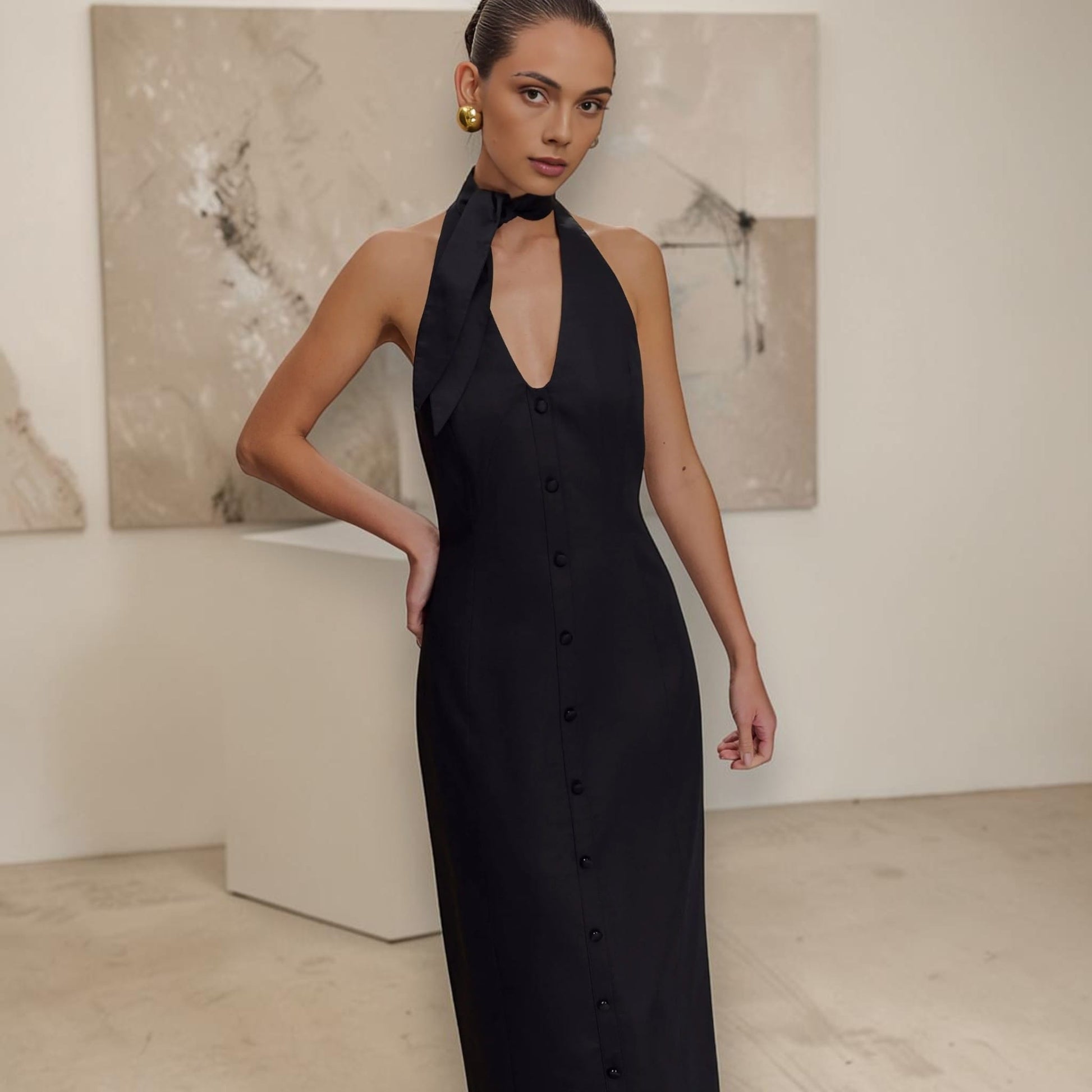Halter Neck Linen Midi Dress, Scarf Tie Open Back