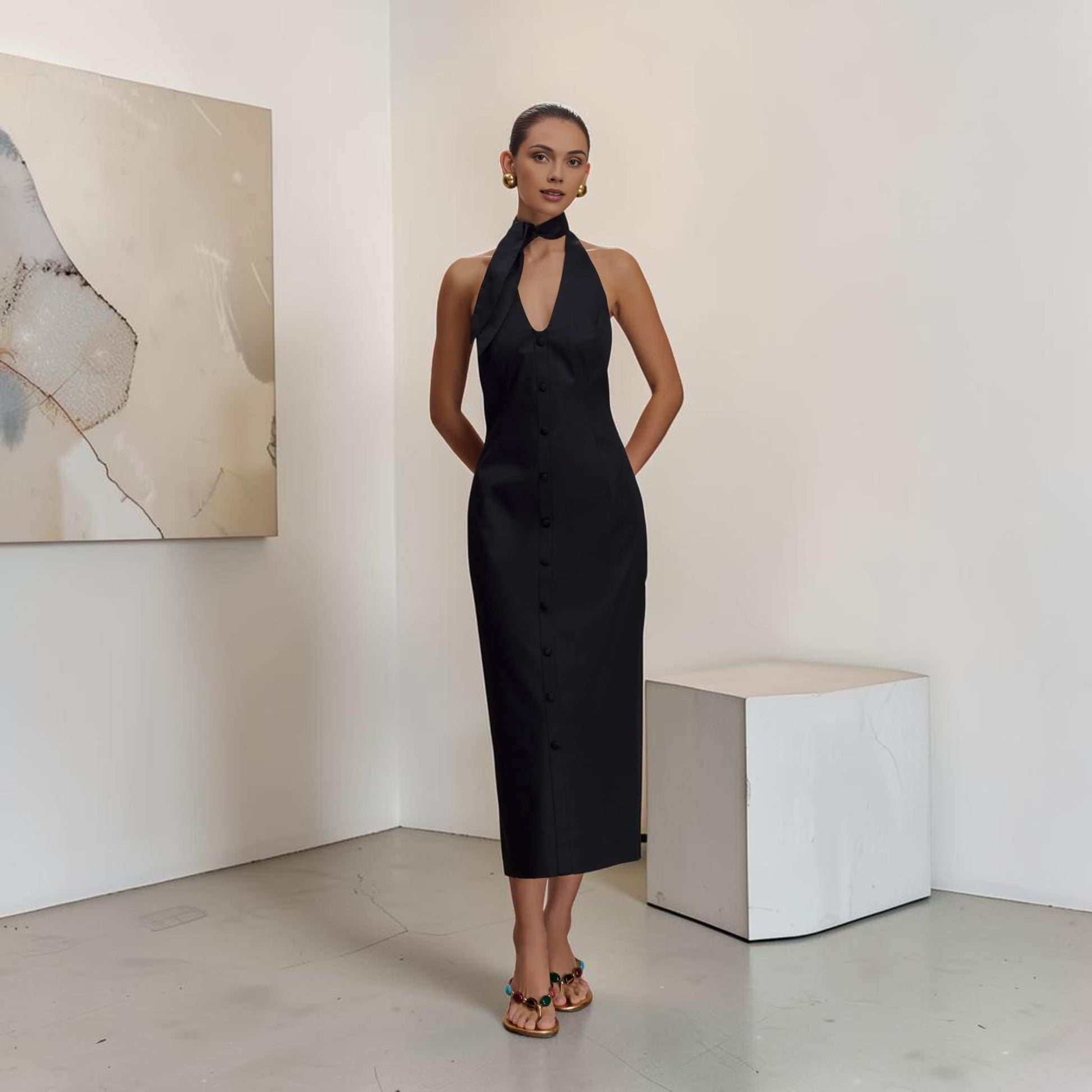 Halter Neck Linen Midi Dress, Scarf Tie Open Back