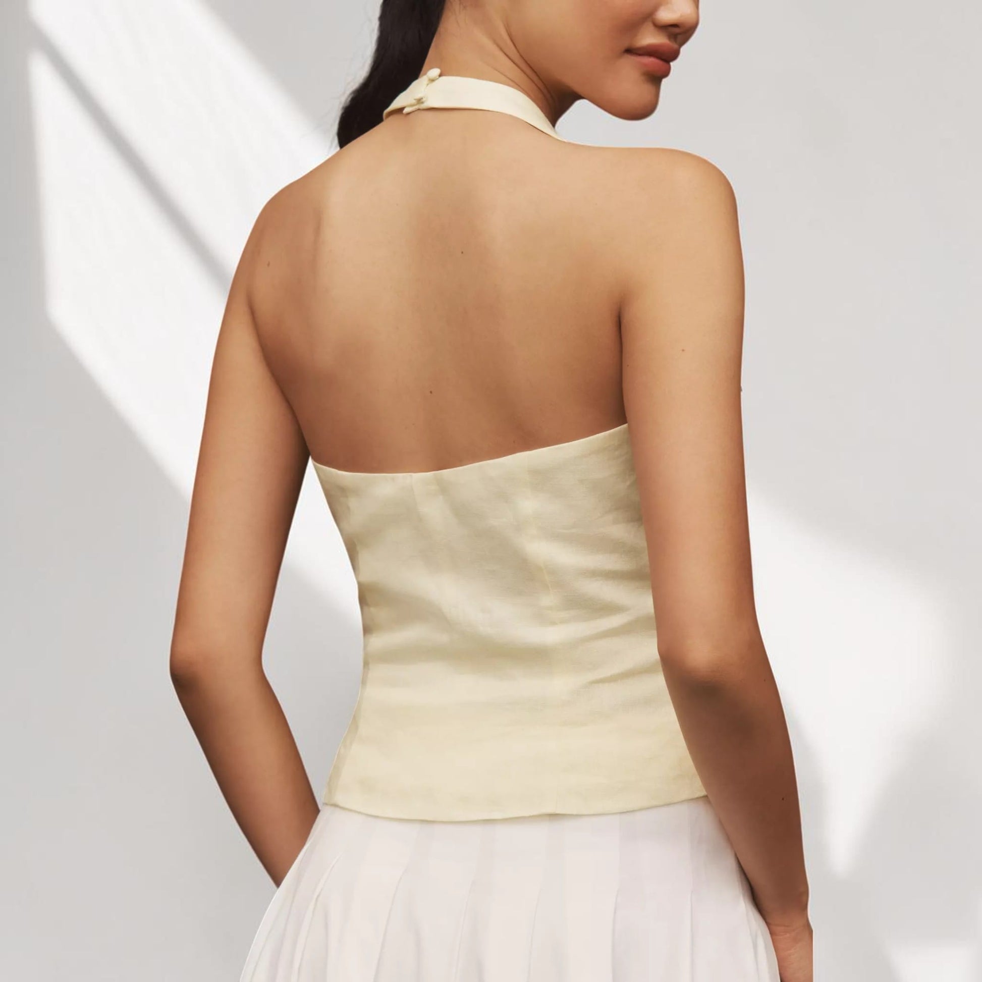 Halter V-Neck Linen Top, Open Back