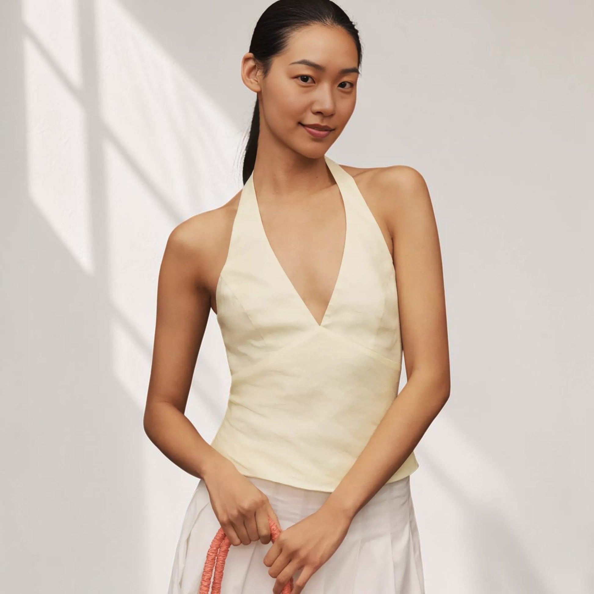 Halter V-Neck Linen Top, Open Back