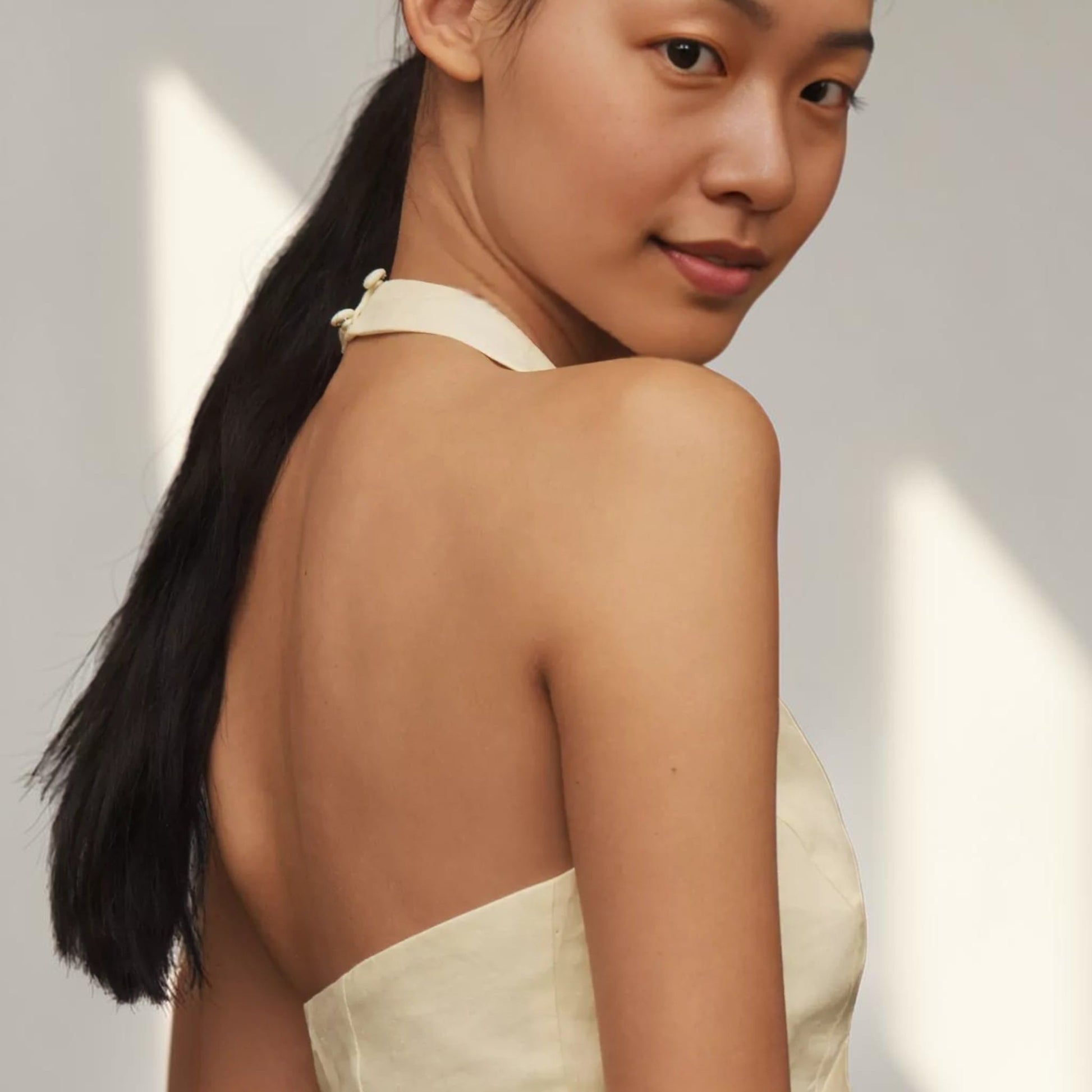 Halter V-Neck Linen Top, Open Back