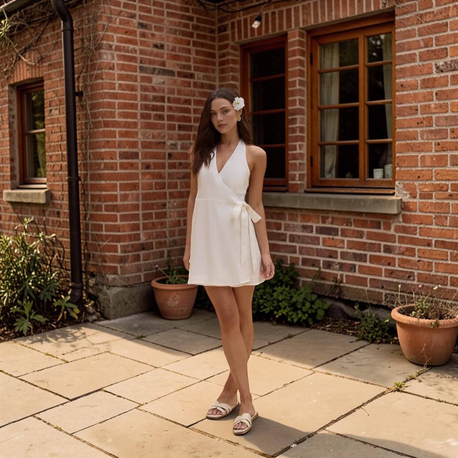 Halter Wrap Linen Mini Dress, Open Back Side Tie
