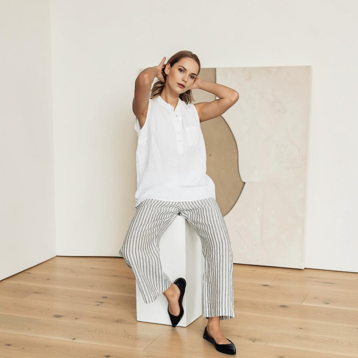 Henley Linen Tank Top, Longline Band Collar