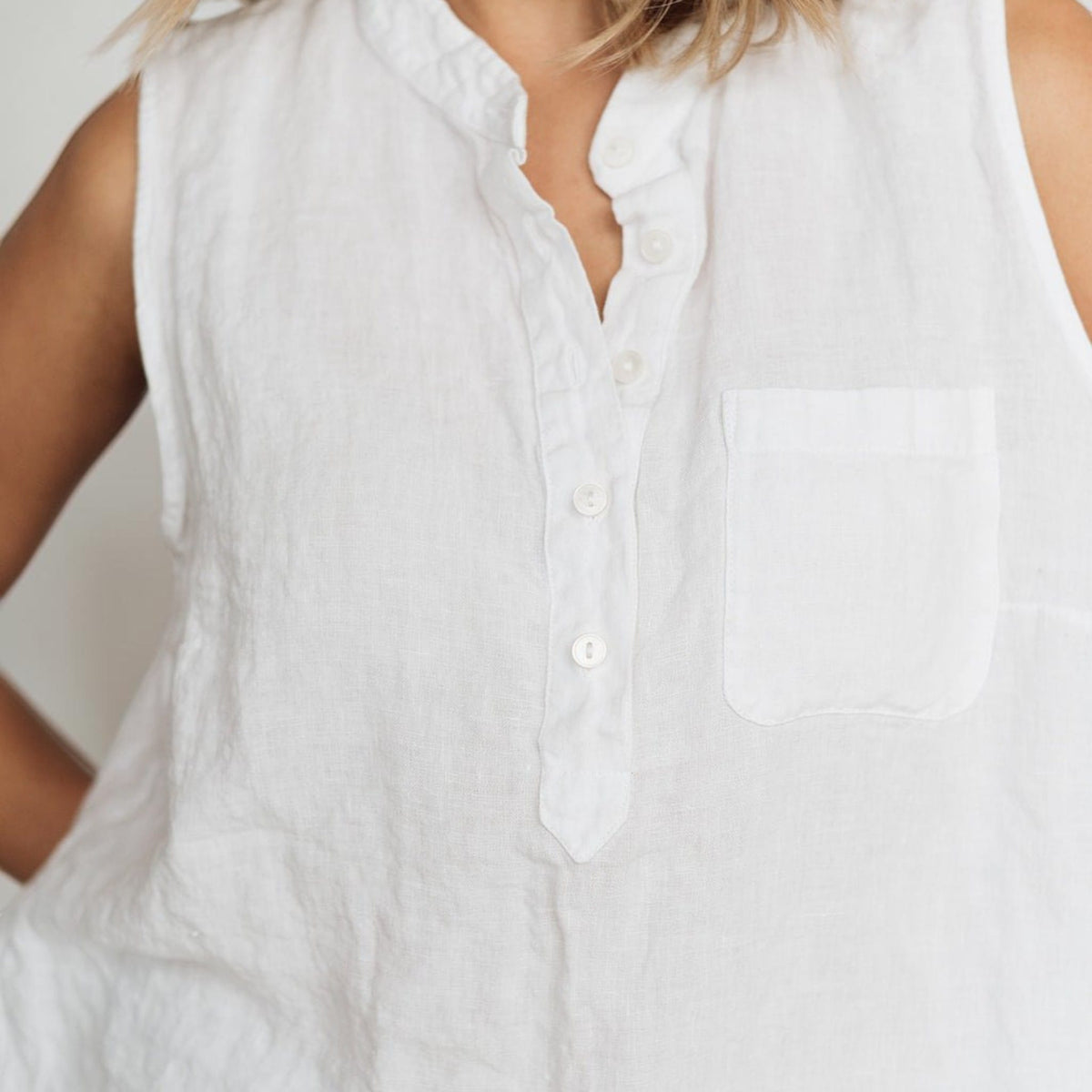 Henley Linen Tank Top, Longline Band Collar
