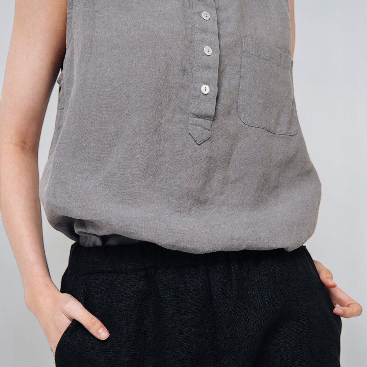 Henley Linen Tank Top, Longline Band Collar