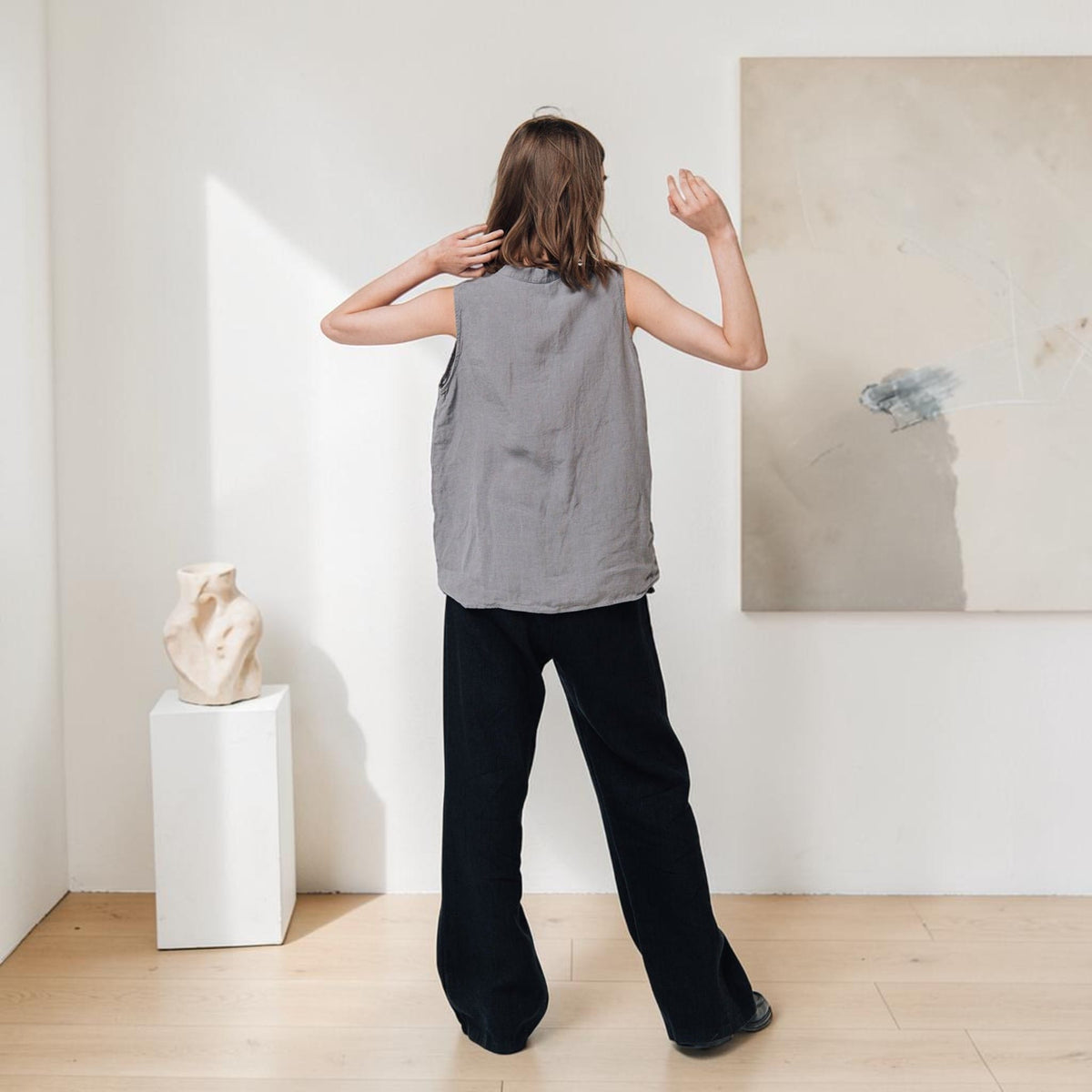 Henley Linen Tank Top, Longline Band Collar