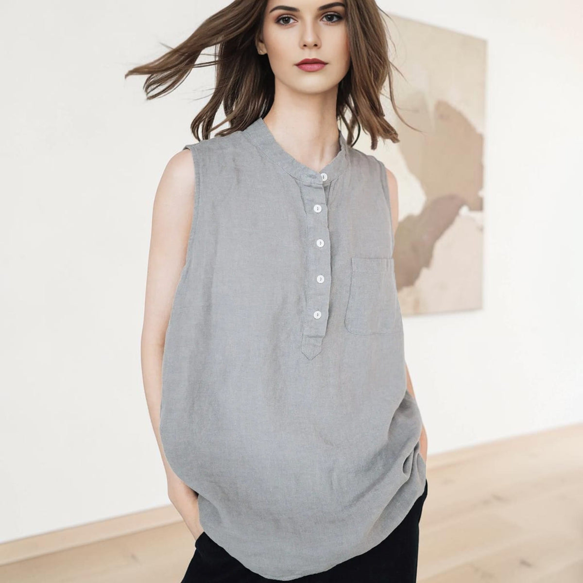 Henley Linen Tank Top, Longline Band Collar