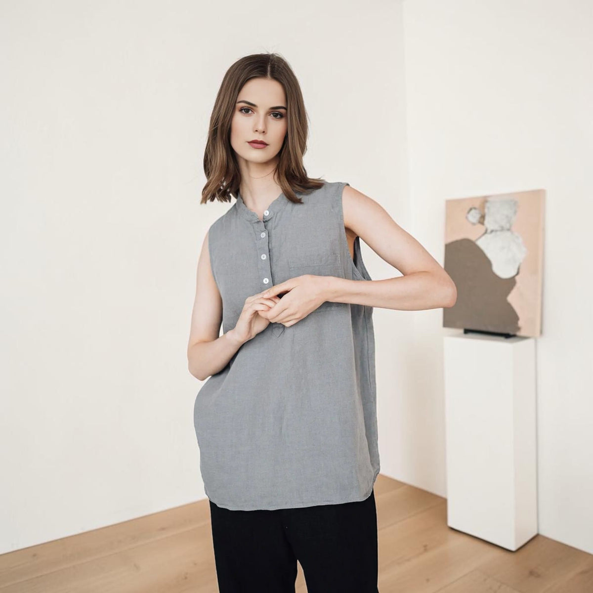 Henley Linen Tank Top, Longline Band Collar