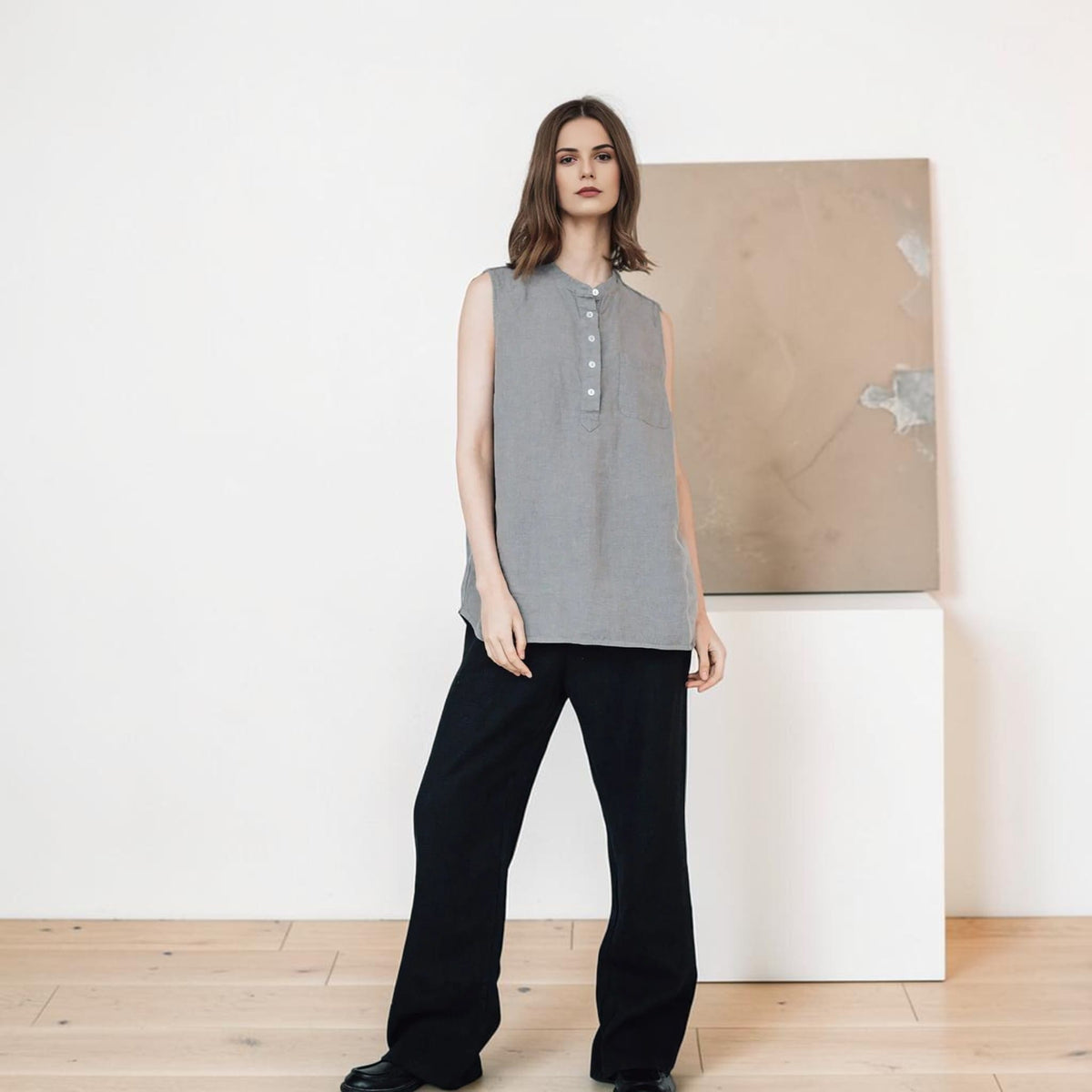 Henley Linen Tank Top, Longline Band Collar