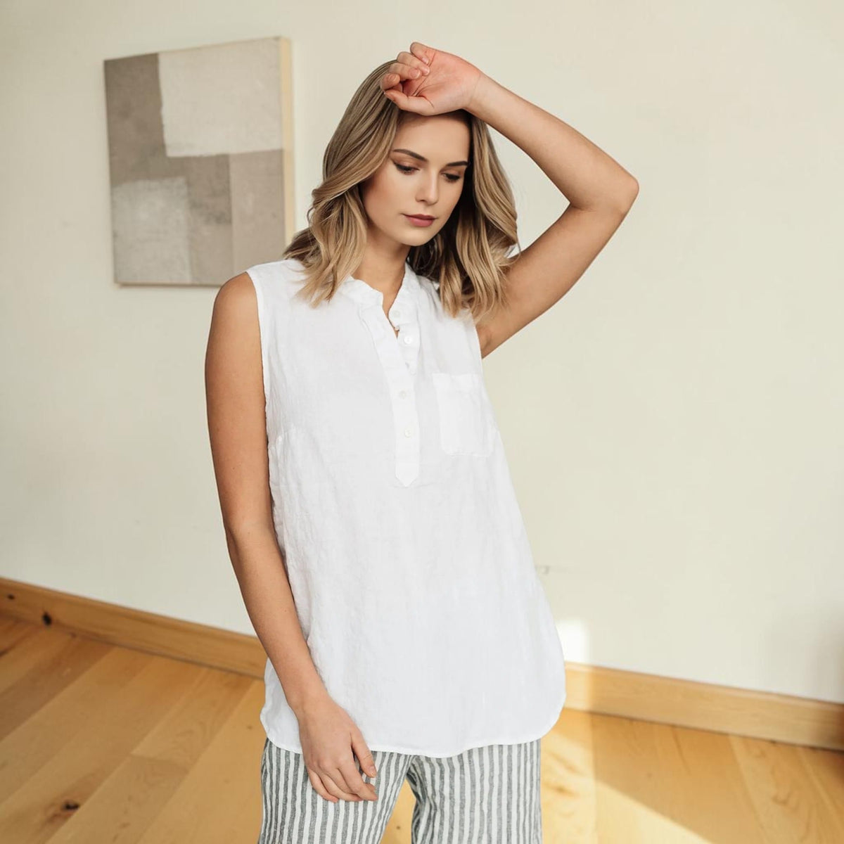 Henley Linen Tank Top, Longline Band Collar