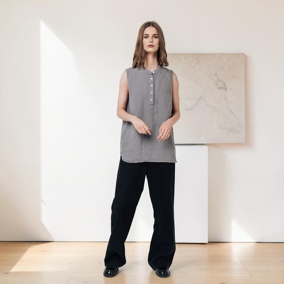 Henley Linen Tank Top, Longline Band Collar
