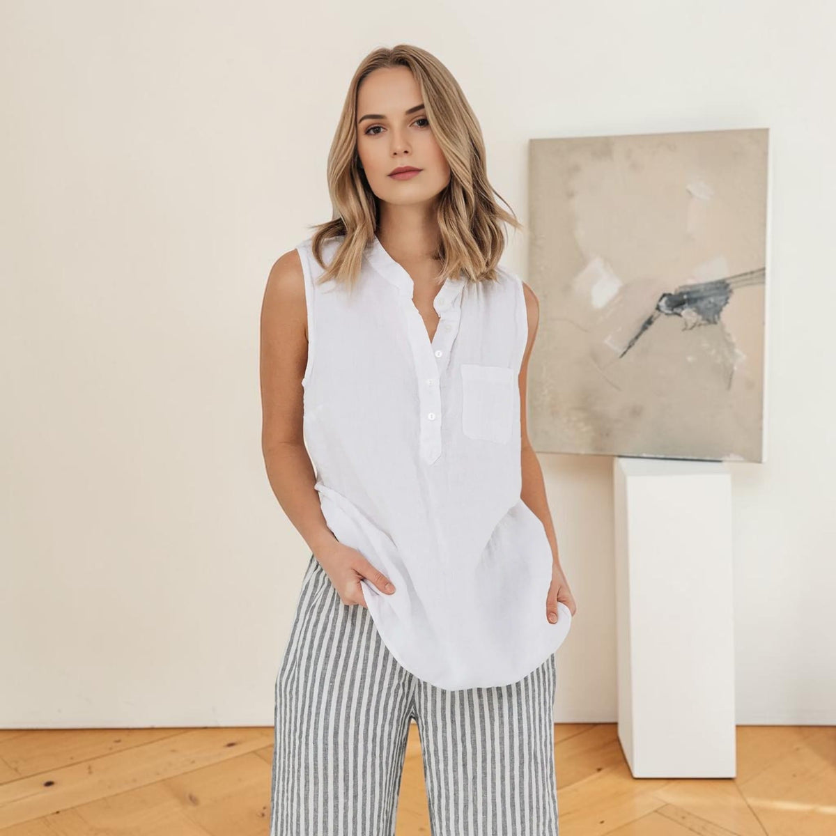 Henley Linen Tank Top, Longline Band Collar