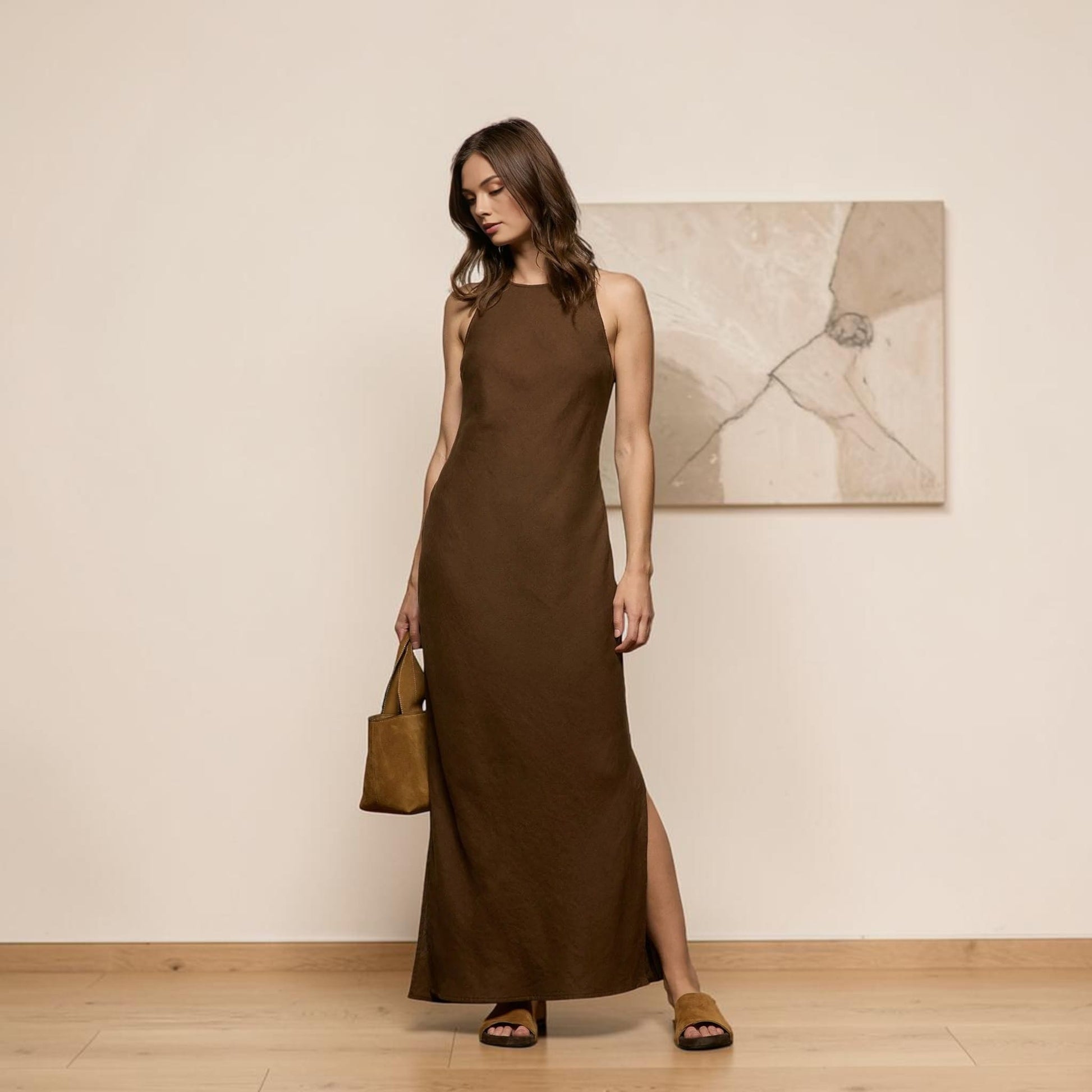 High Neck Linen Maxi Dress, Sleeveless Side Slit