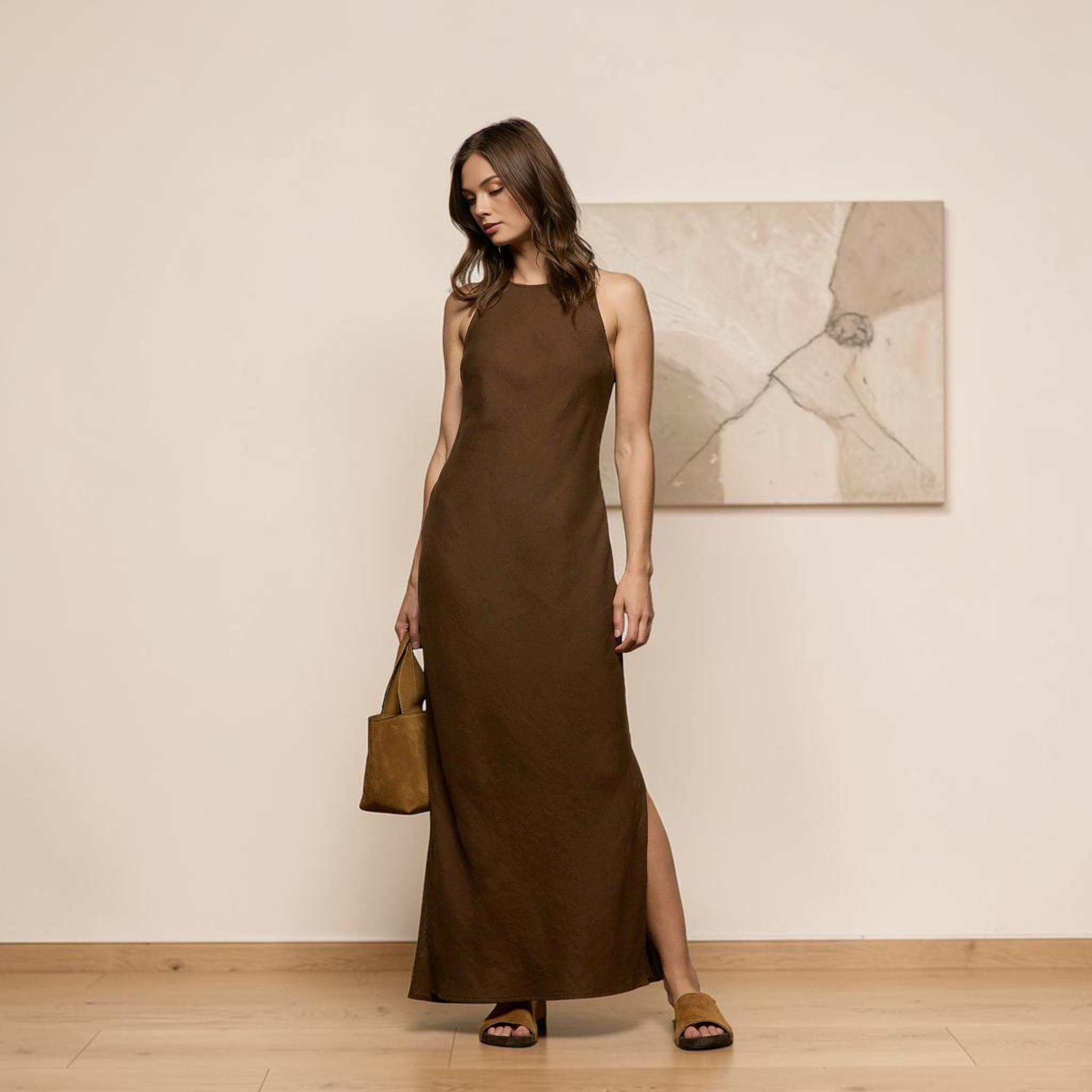 High Neck Linen Maxi Dress, Sleeveless Side Slit