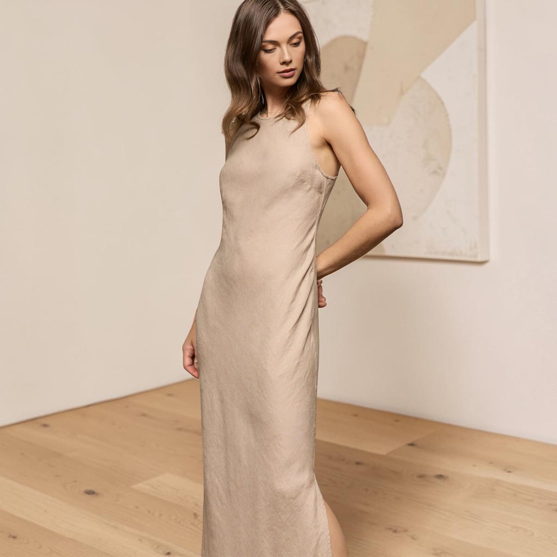 High Neck Linen Maxi Dress, Sleeveless Side Slit