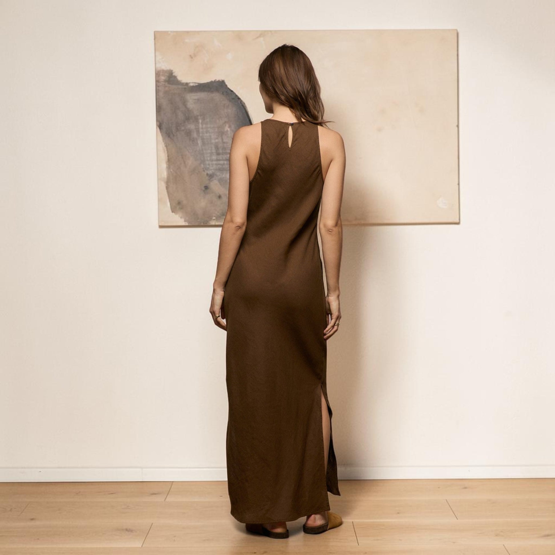 High Neck Linen Maxi Dress, Sleeveless Side Slit