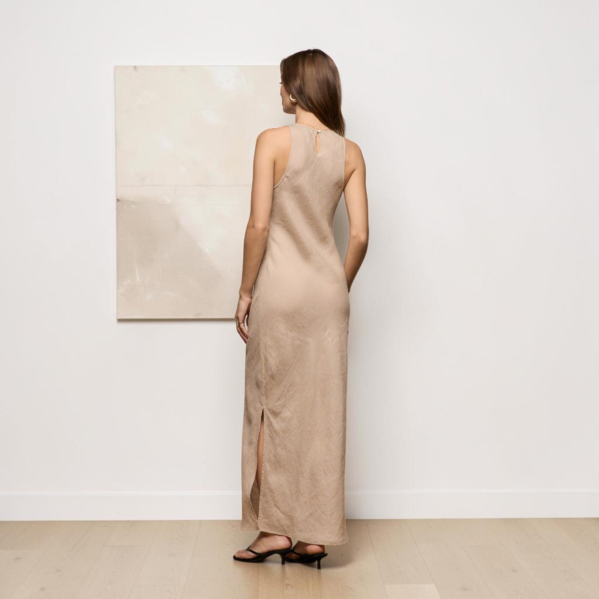 High Neck Linen Maxi Dress, Sleeveless Side Slit
