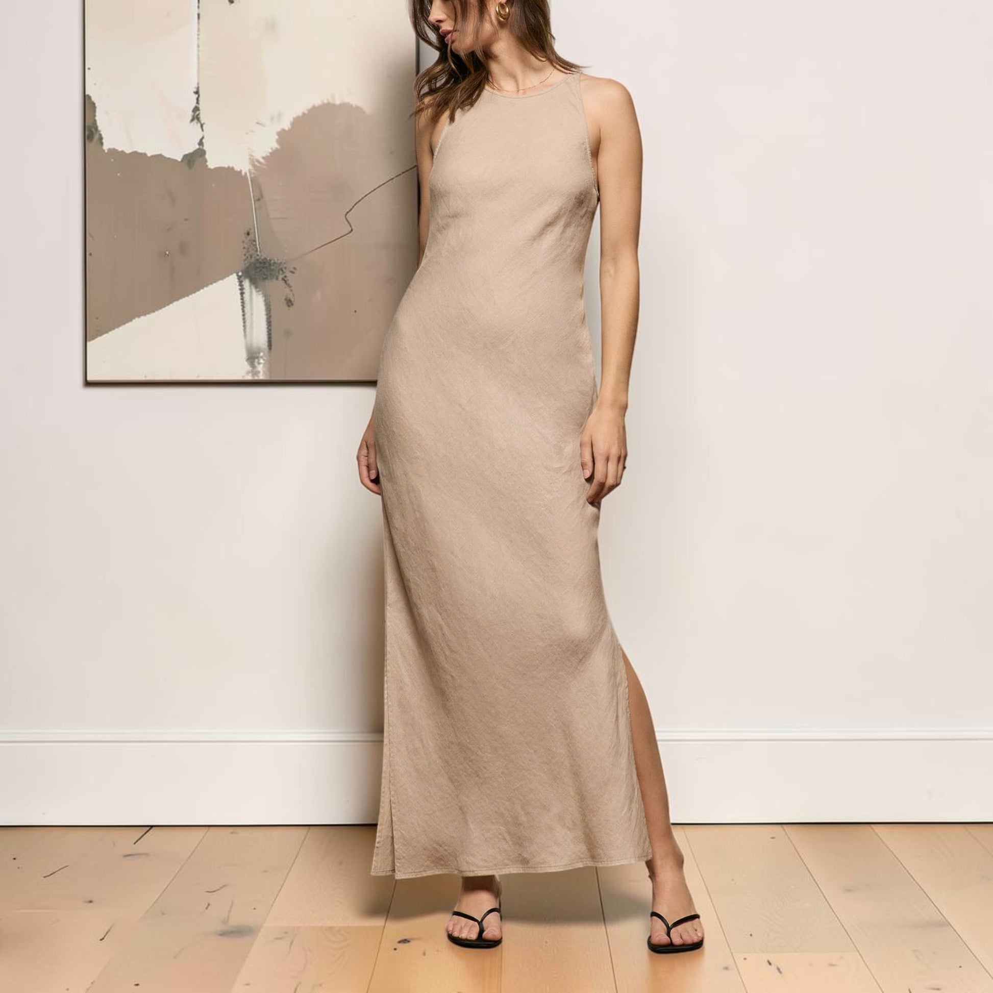 High Neck Linen Maxi Dress, Sleeveless Side Slit
