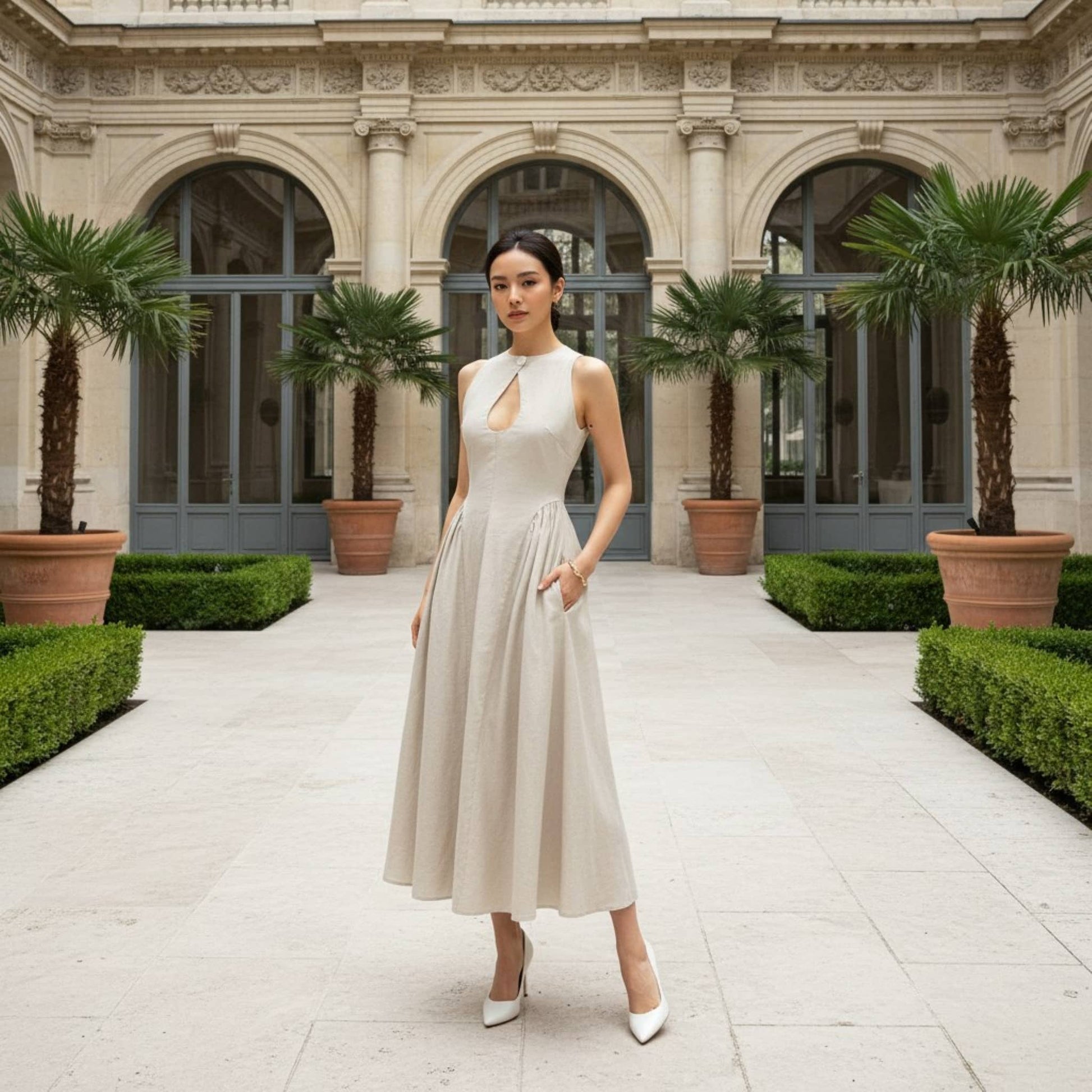 High Neck Linen Midi Dress, Cut Out Linen Long Dress