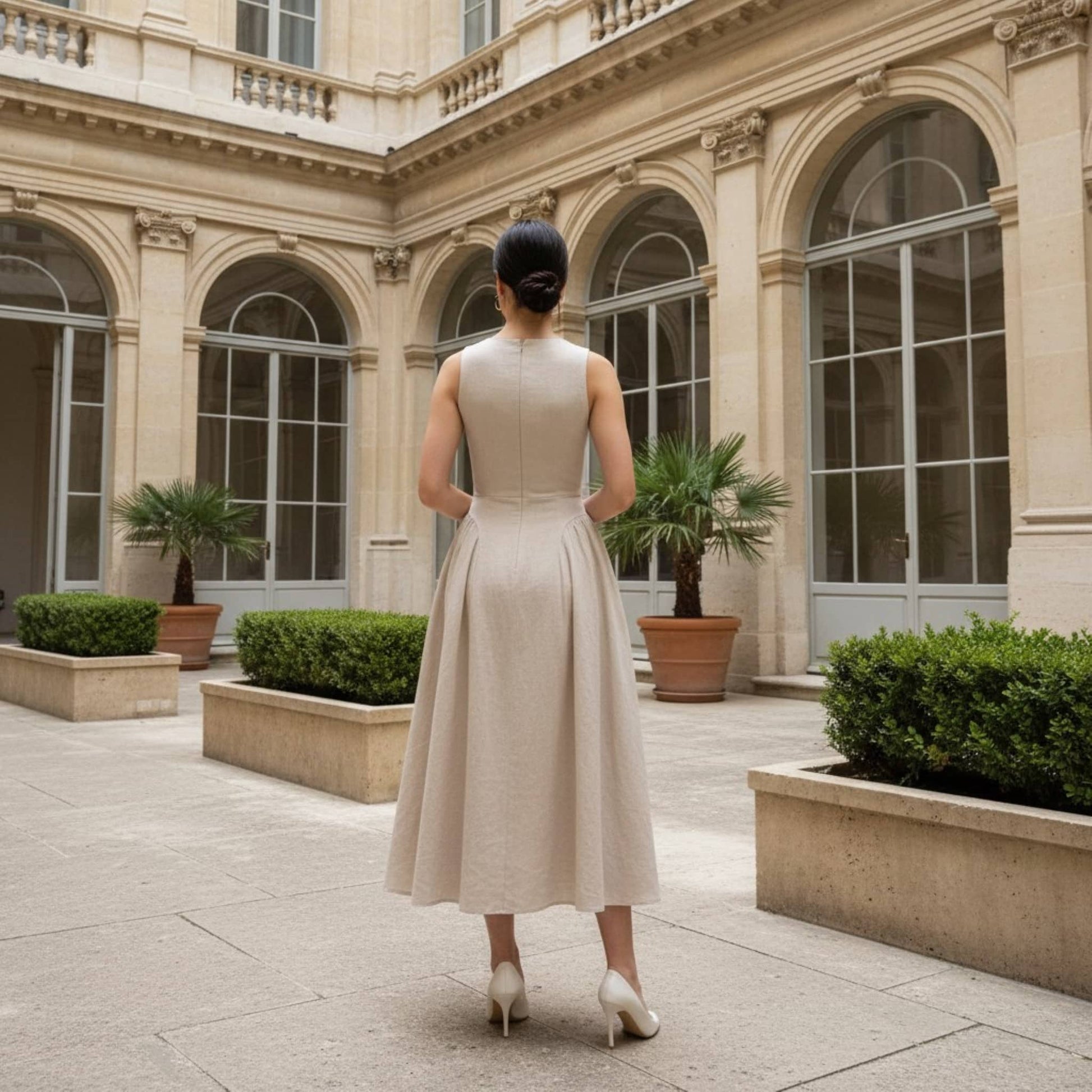 High Neck Linen Midi Dress, Cut Out Linen Long Dress