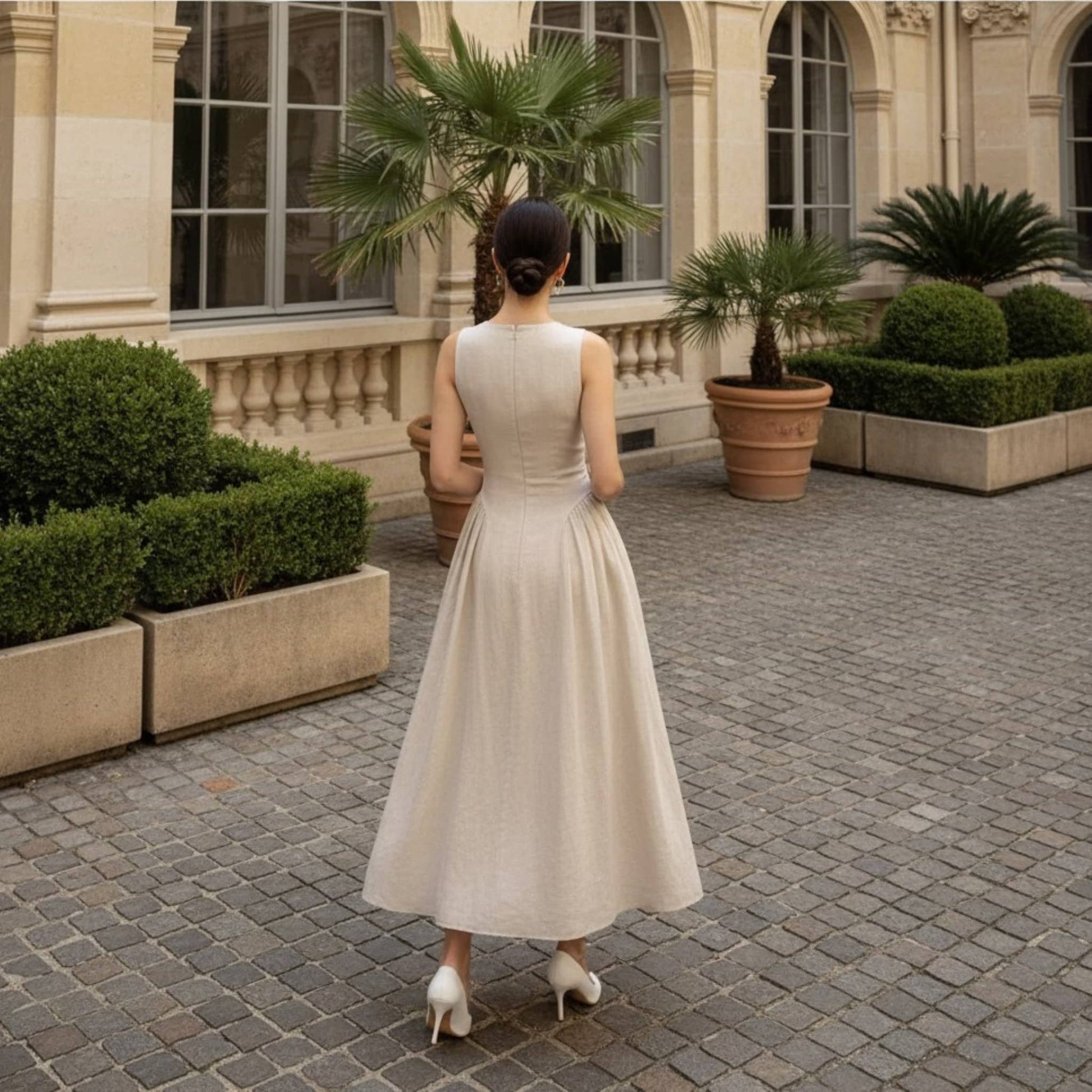 High Neck Linen Midi Dress, Cut Out Linen Long Dress