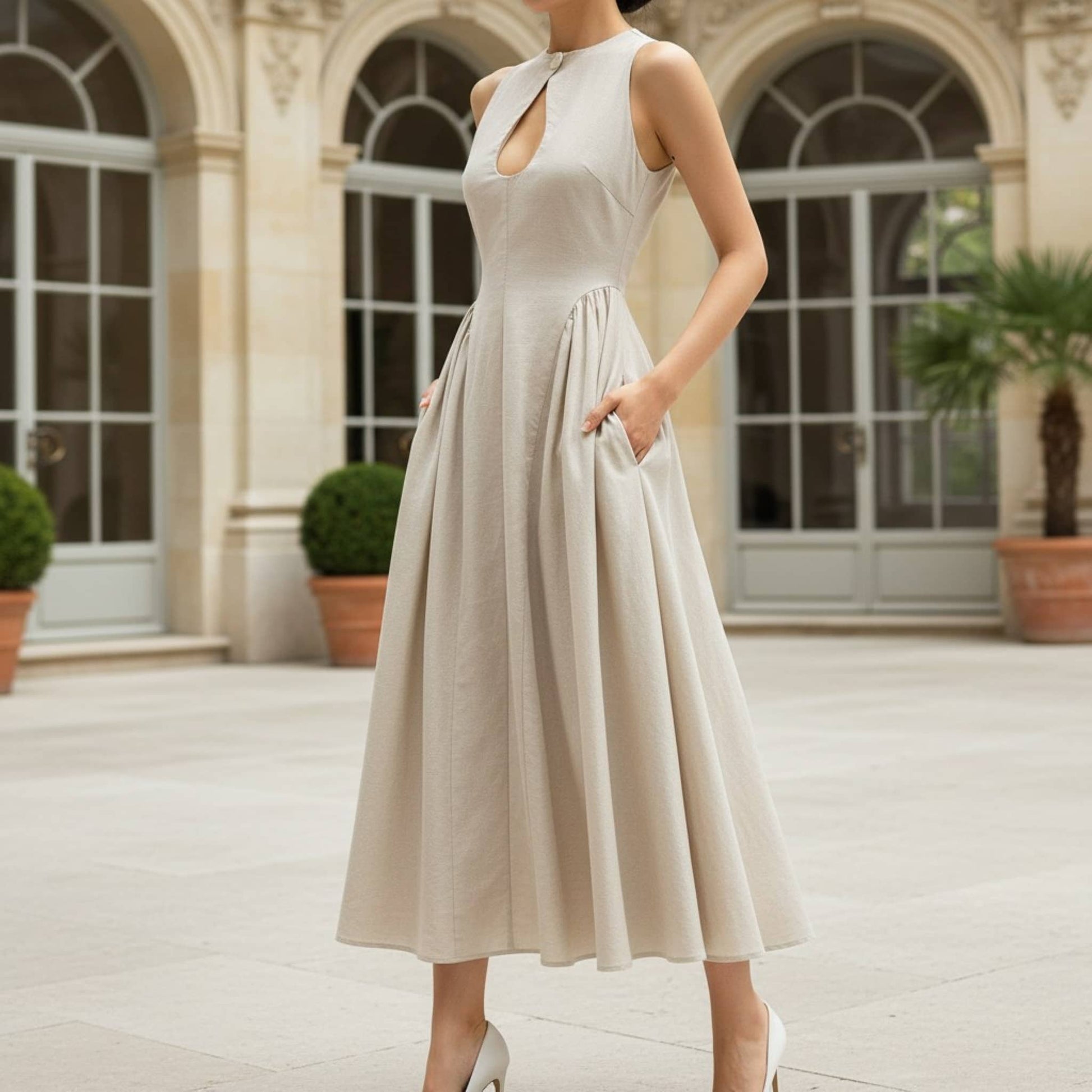 High Neck Linen Midi Dress, Cut Out Linen Long Dress