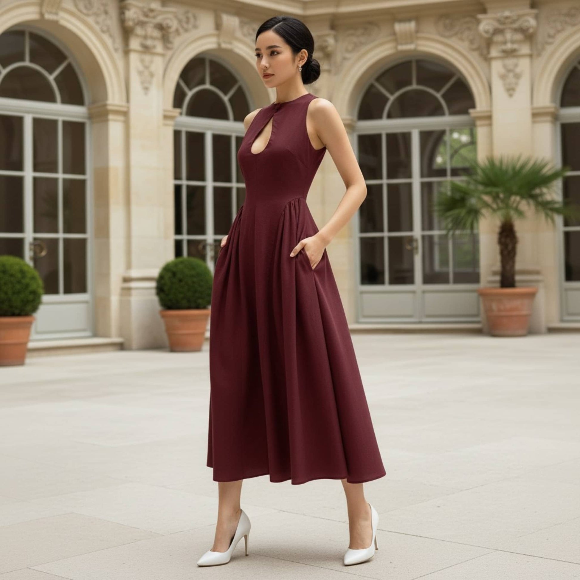 High Neck Linen Midi Dress, Cut Out Linen Long Dress