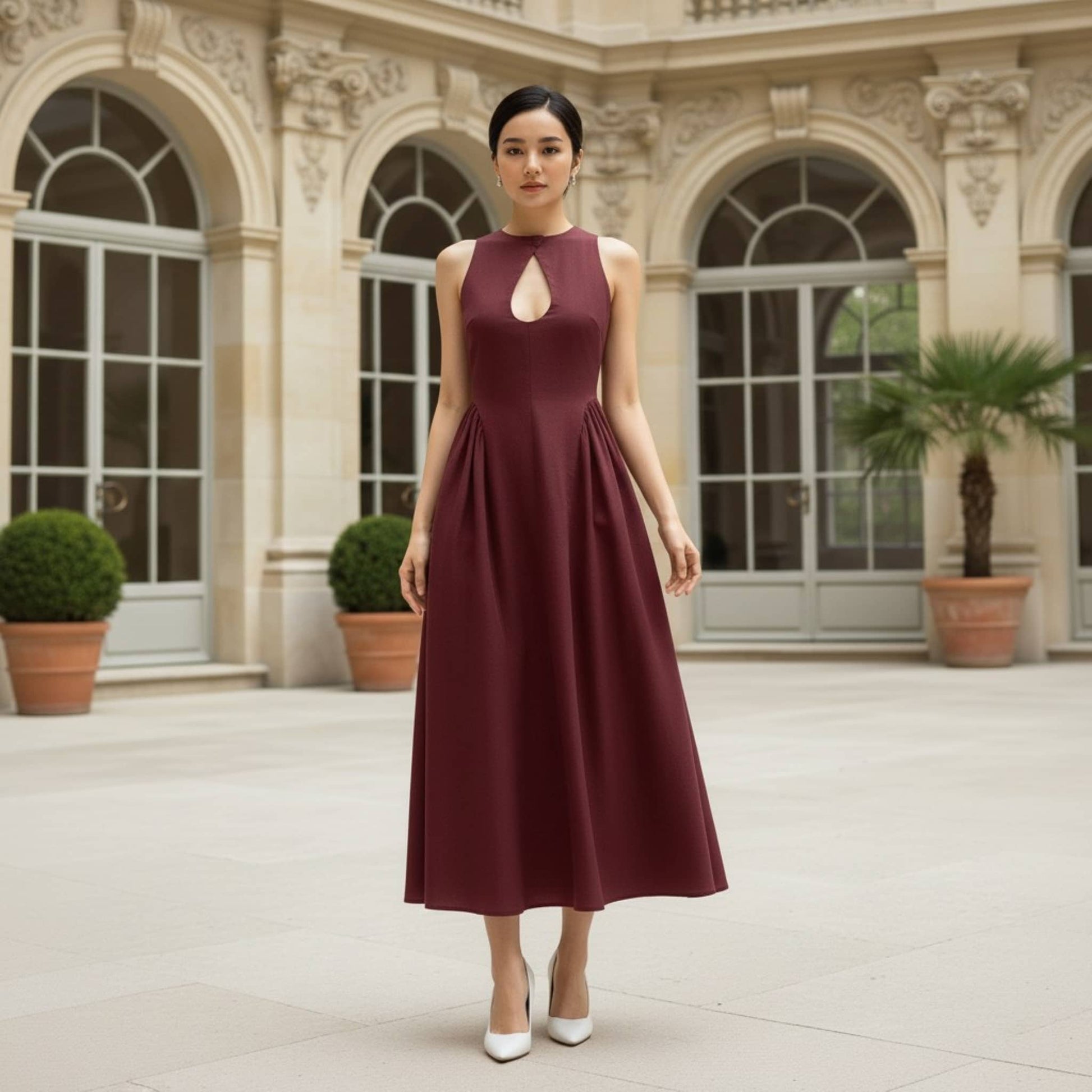 High Neck Linen Midi Dress, Cut Out Linen Long Dress