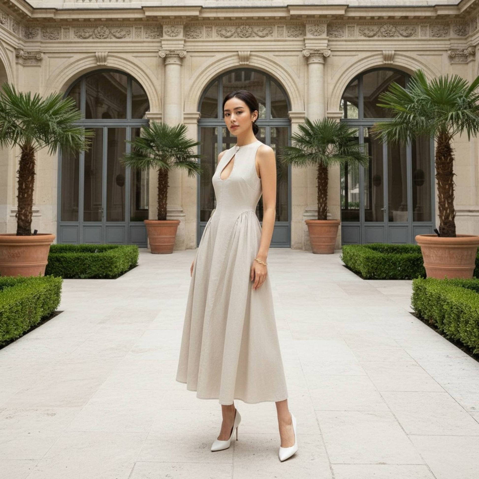 High Neck Linen Midi Dress, Cut Out Linen Long Dress