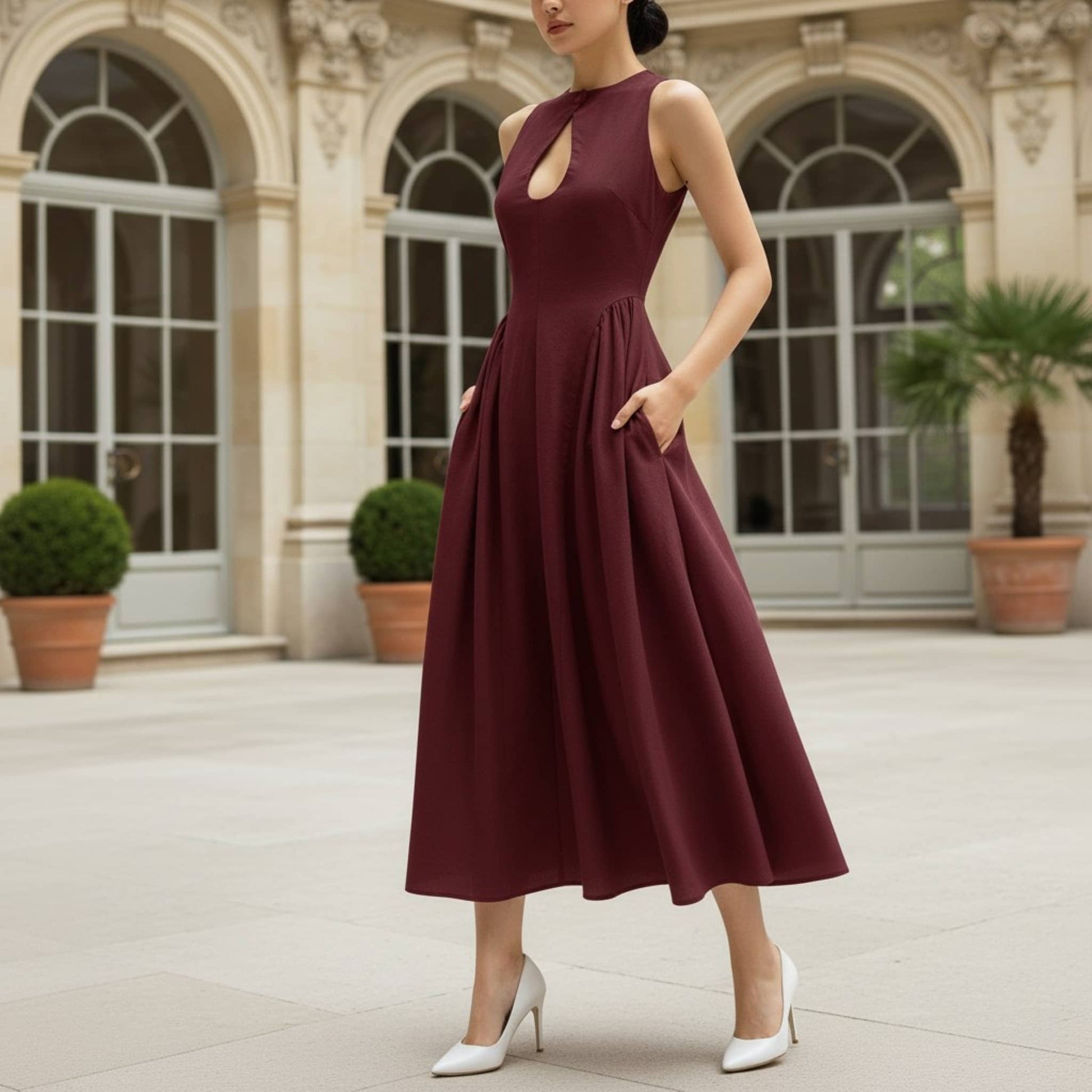 High Neck Linen Midi Dress, Cut Out Linen Long Dress