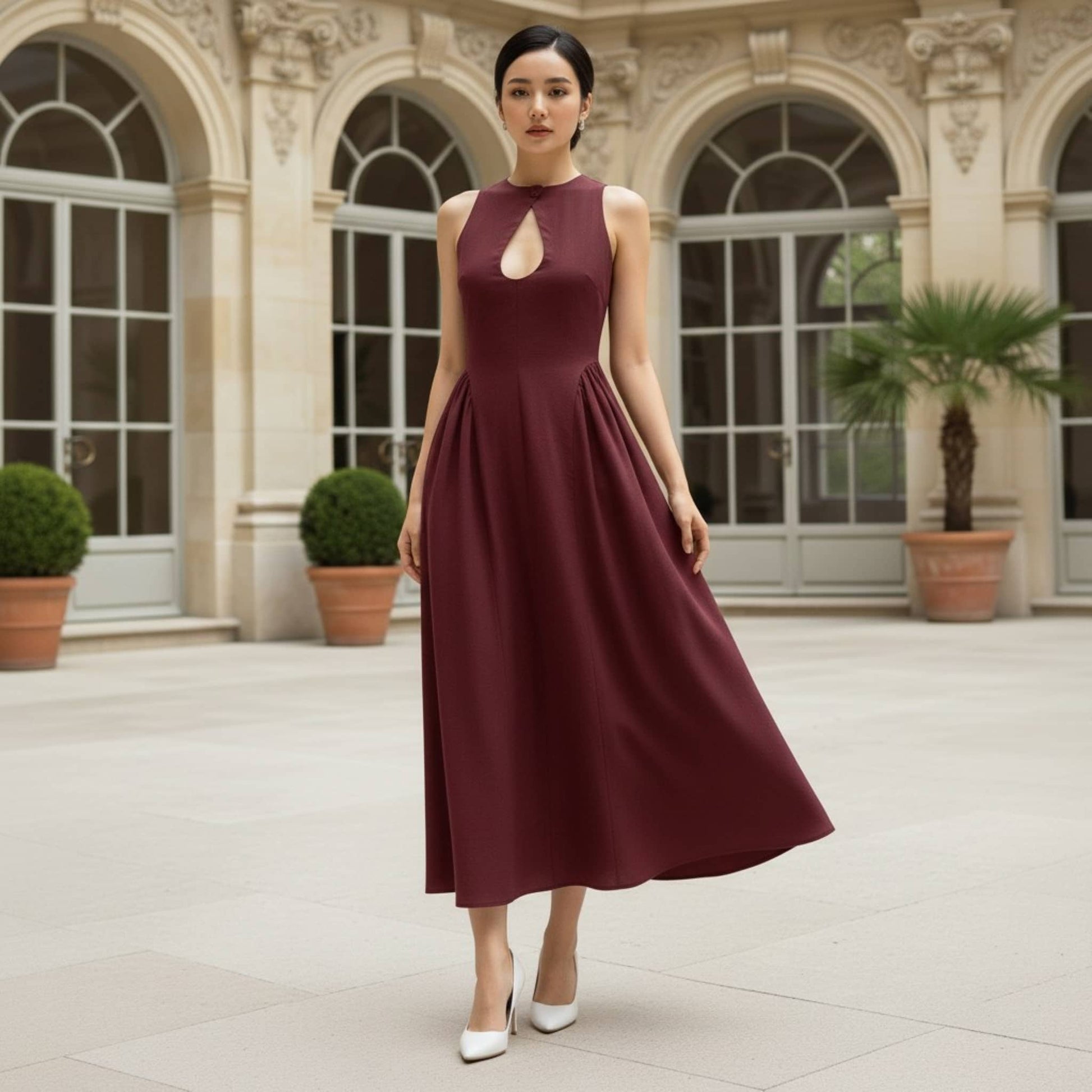 High Neck Linen Midi Dress, Cut Out Linen Long Dress