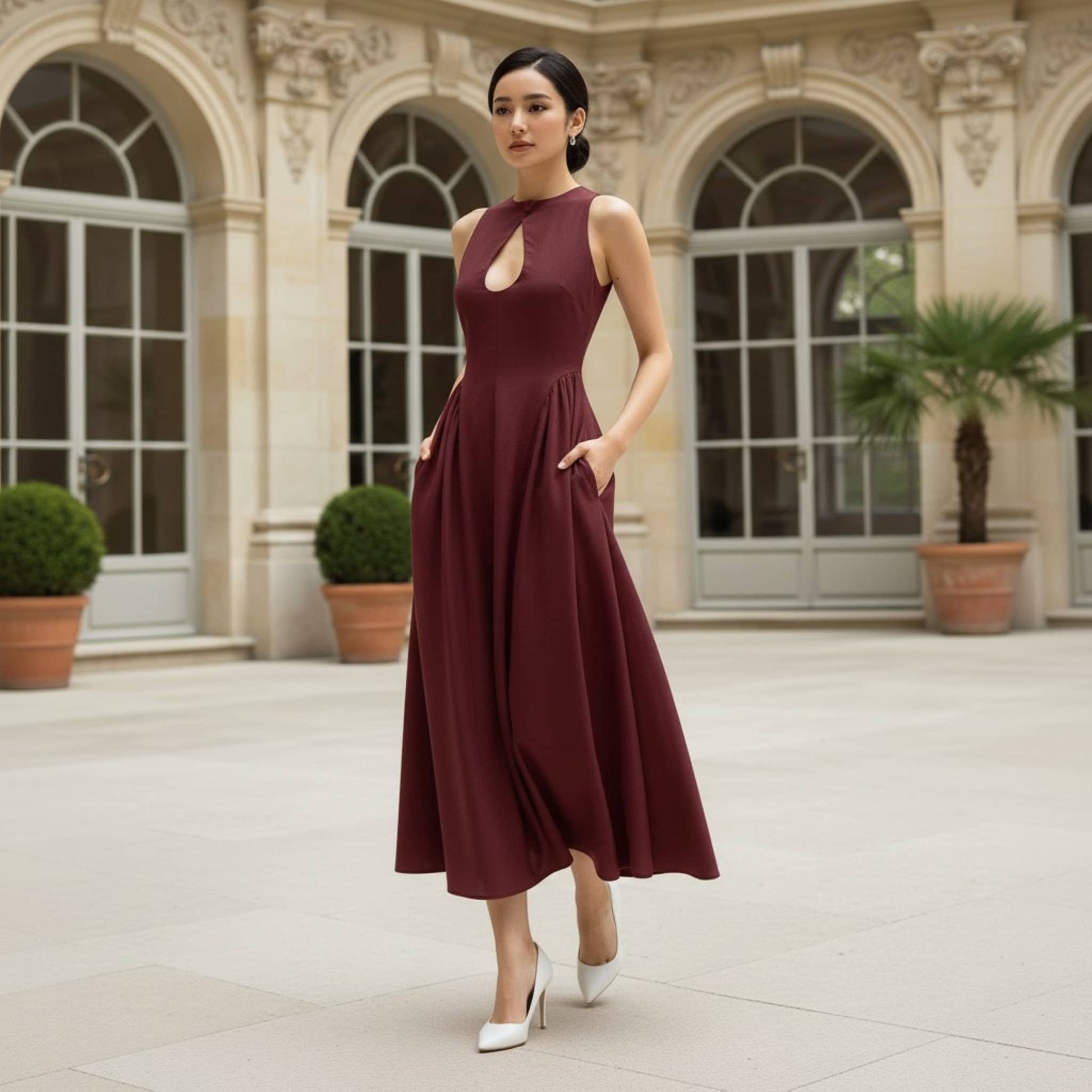 High Neck Linen Midi Dress, Cut Out Linen Long Dress