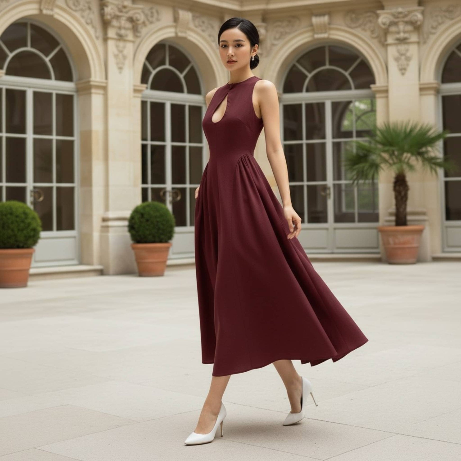 High Neck Linen Midi Dress, Cut Out Linen Long Dress