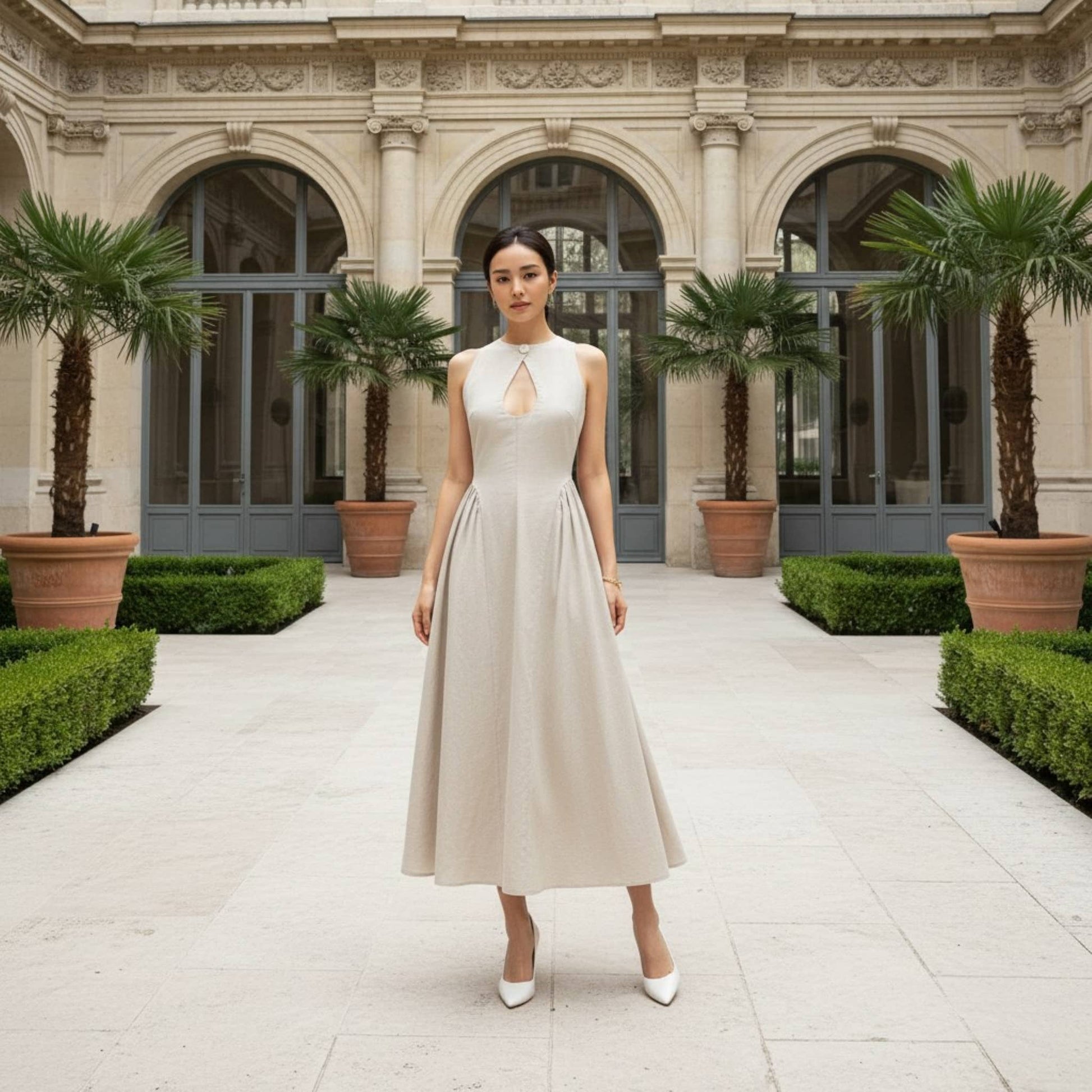 High Neck Linen Midi Dress, Cut Out Linen Long Dress