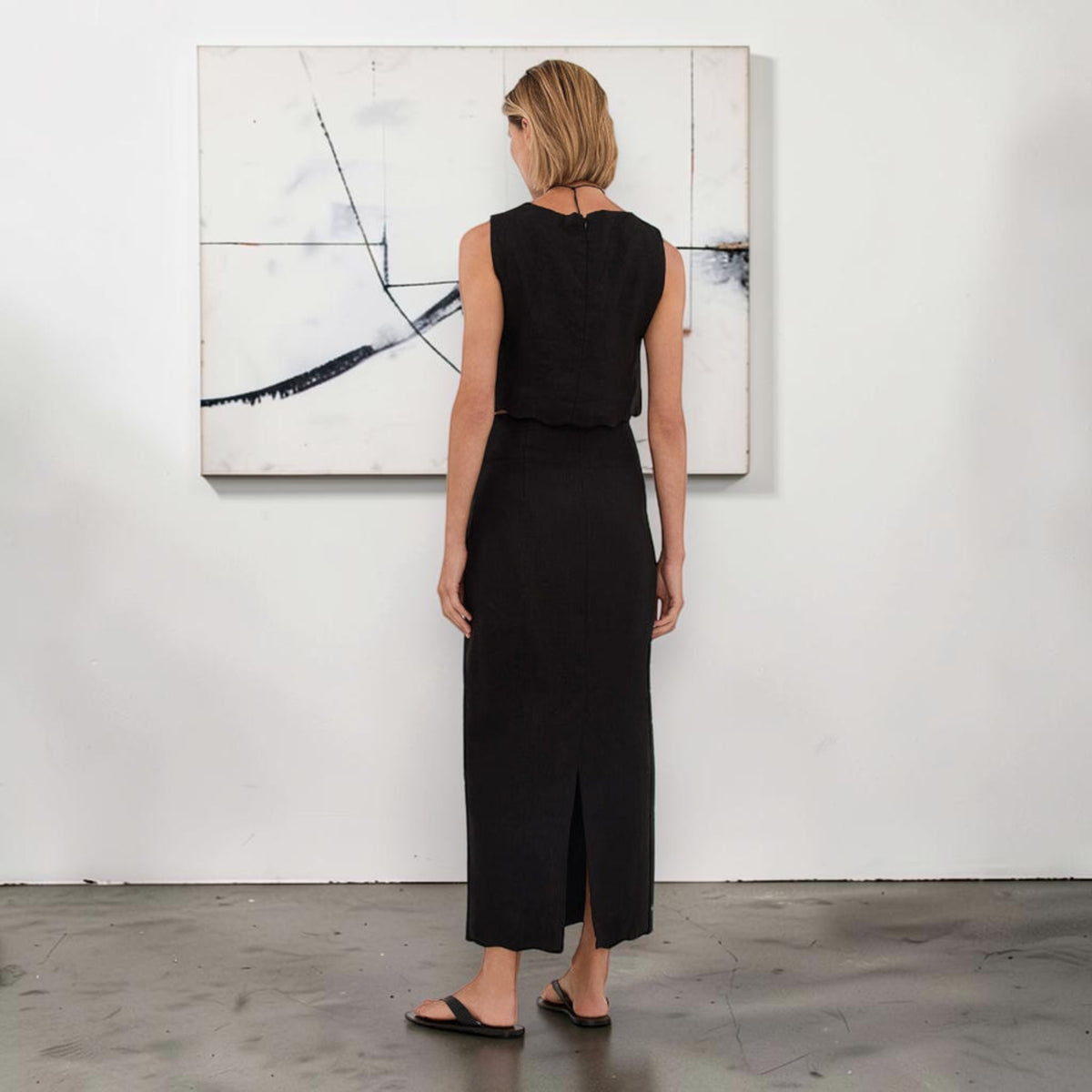 High Waist Linen Maxi Skirt, Back Slit Scalloped Hem