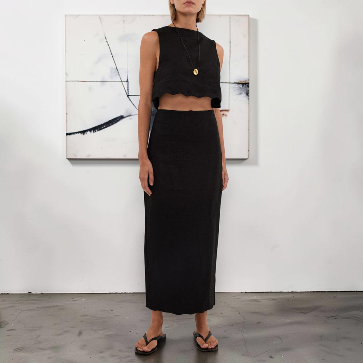 High Waist Linen Maxi Skirt, Back Slit Scalloped Hem