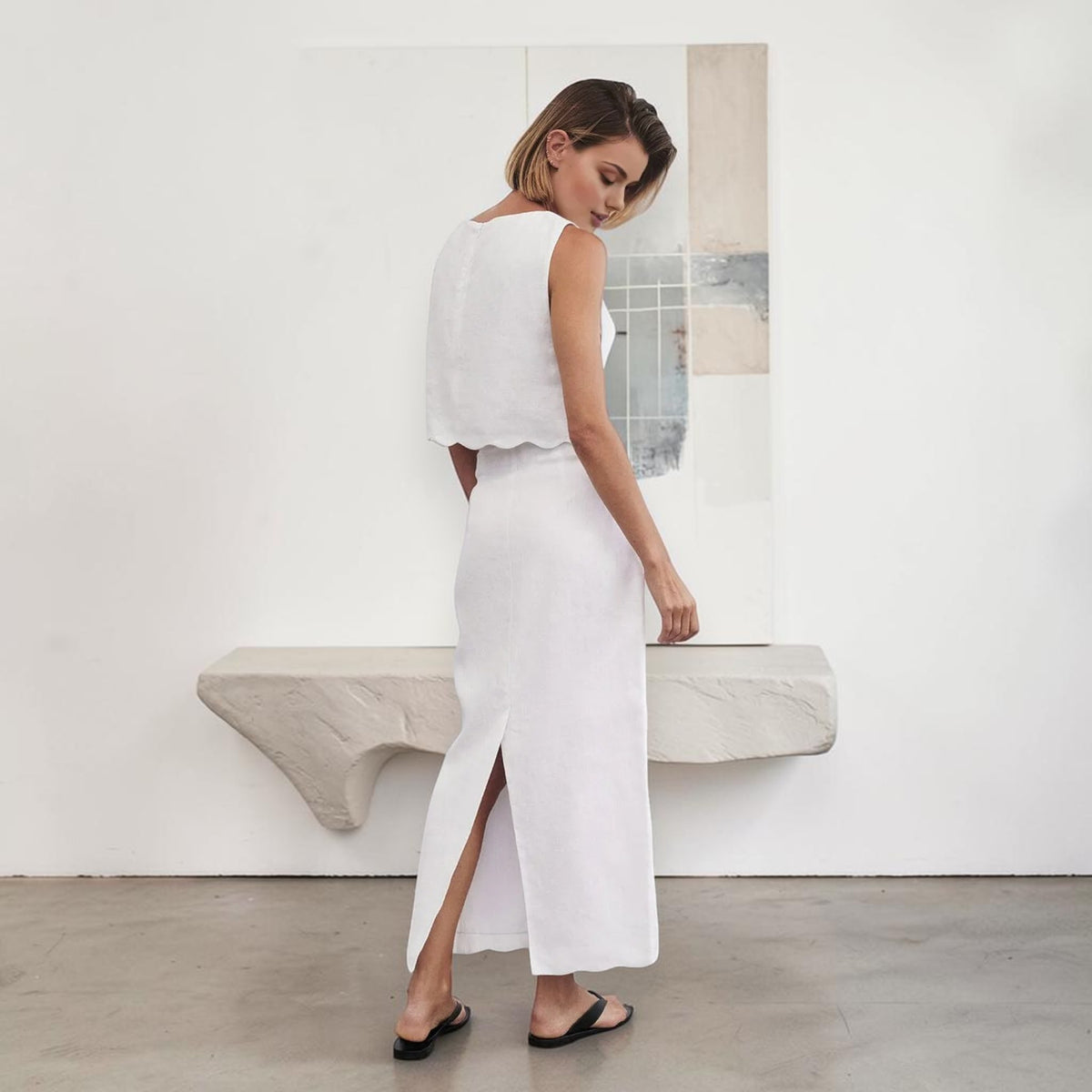 High Waist Linen Maxi Skirt, Back Slit Scalloped Hem