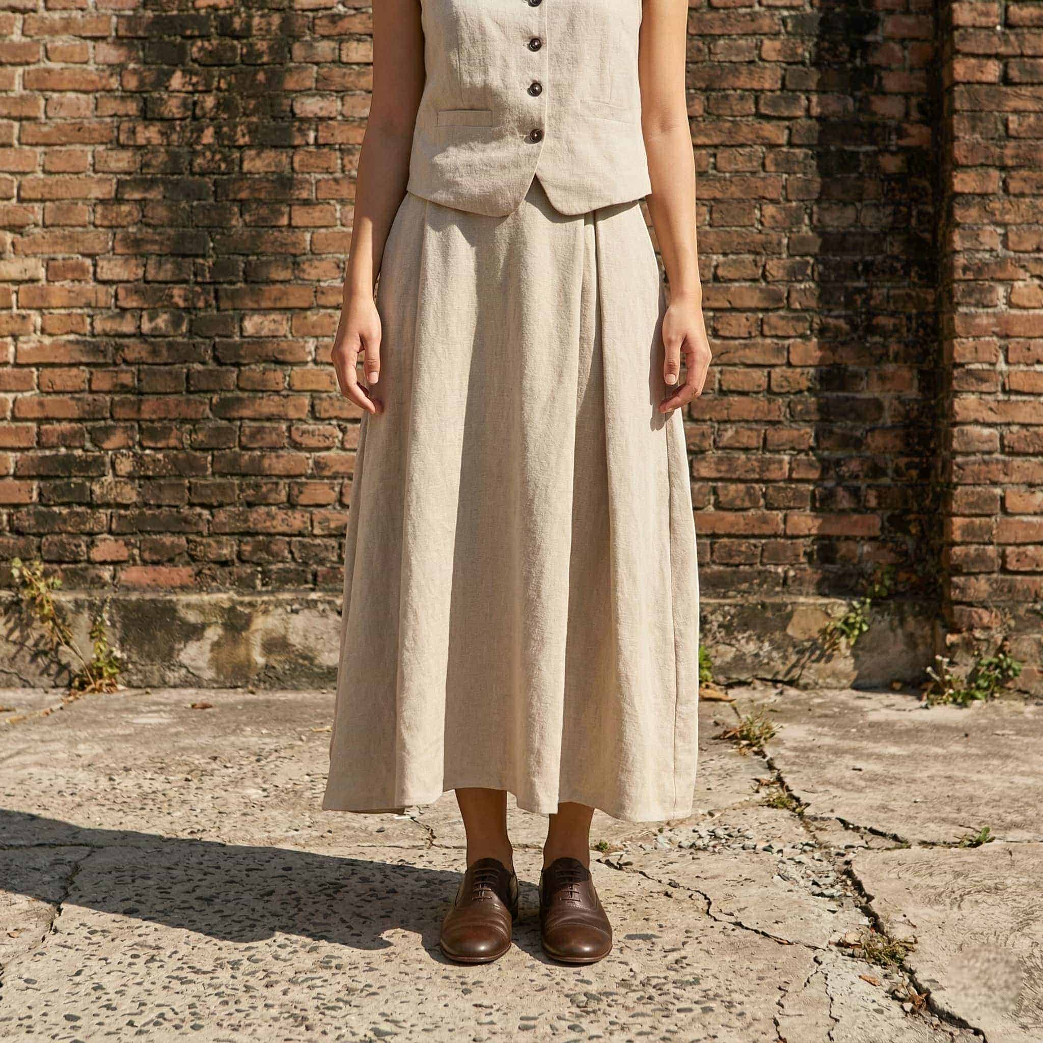 High-Waisted Linen Midi Skirt, Box-Pleat A-Line Skirt