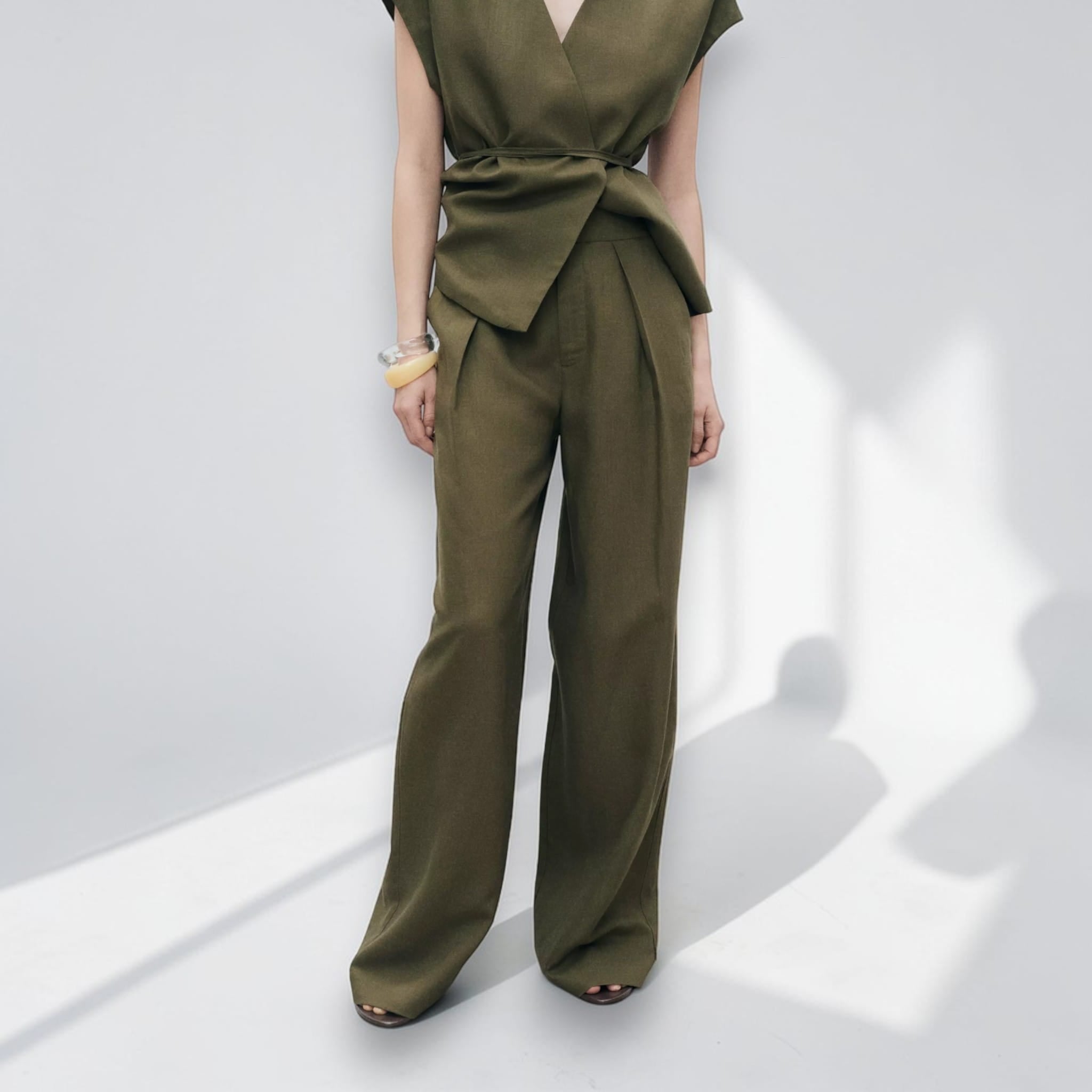 Linen High-Waisted Pants, Wide-Leg Pocket Pants