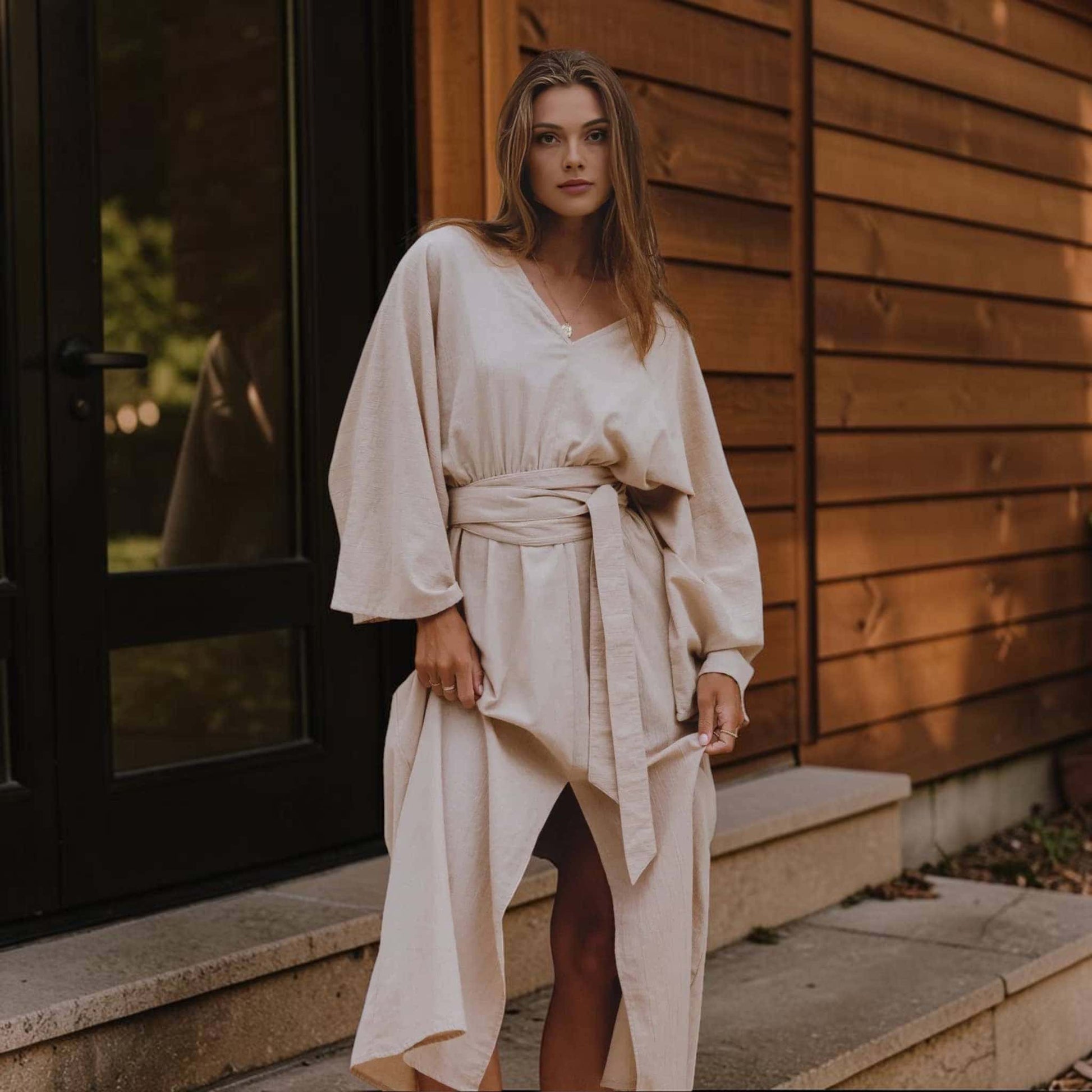 Kimono Sleeve Linen Maxi Dress, Tie Waist