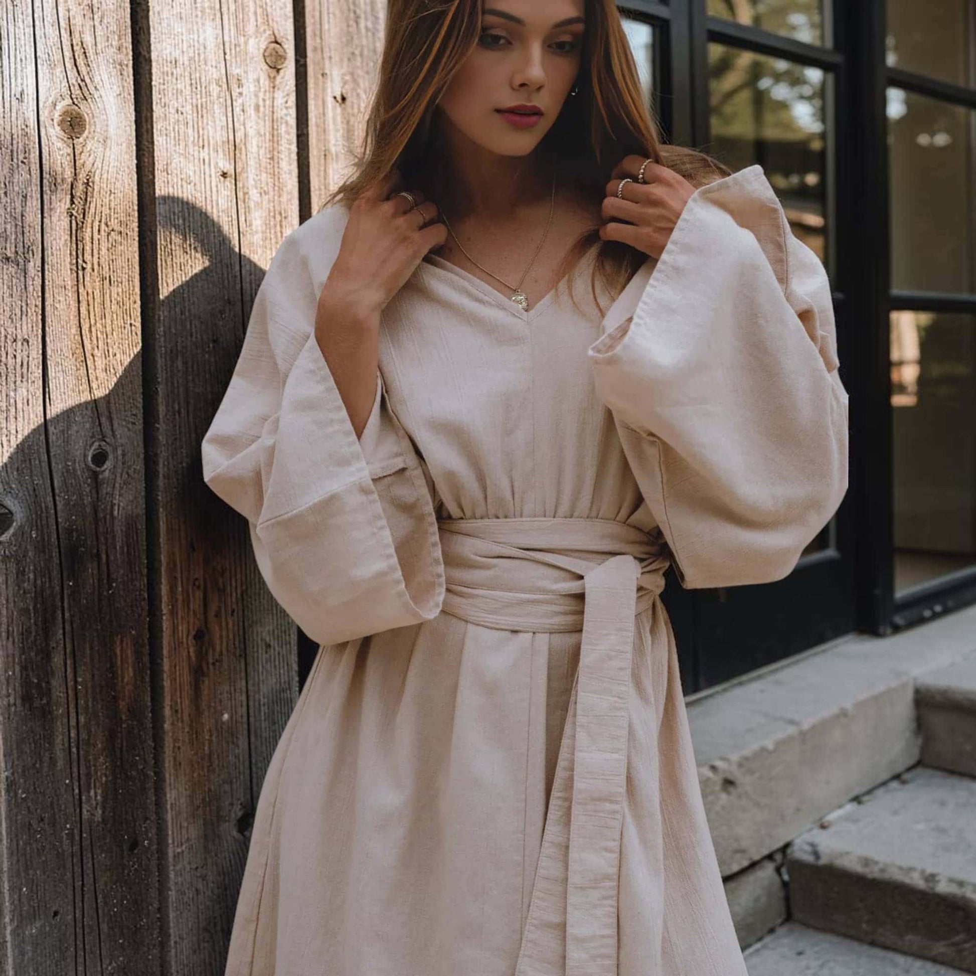 Kimono Sleeve Linen Maxi Dress, Tie Waist