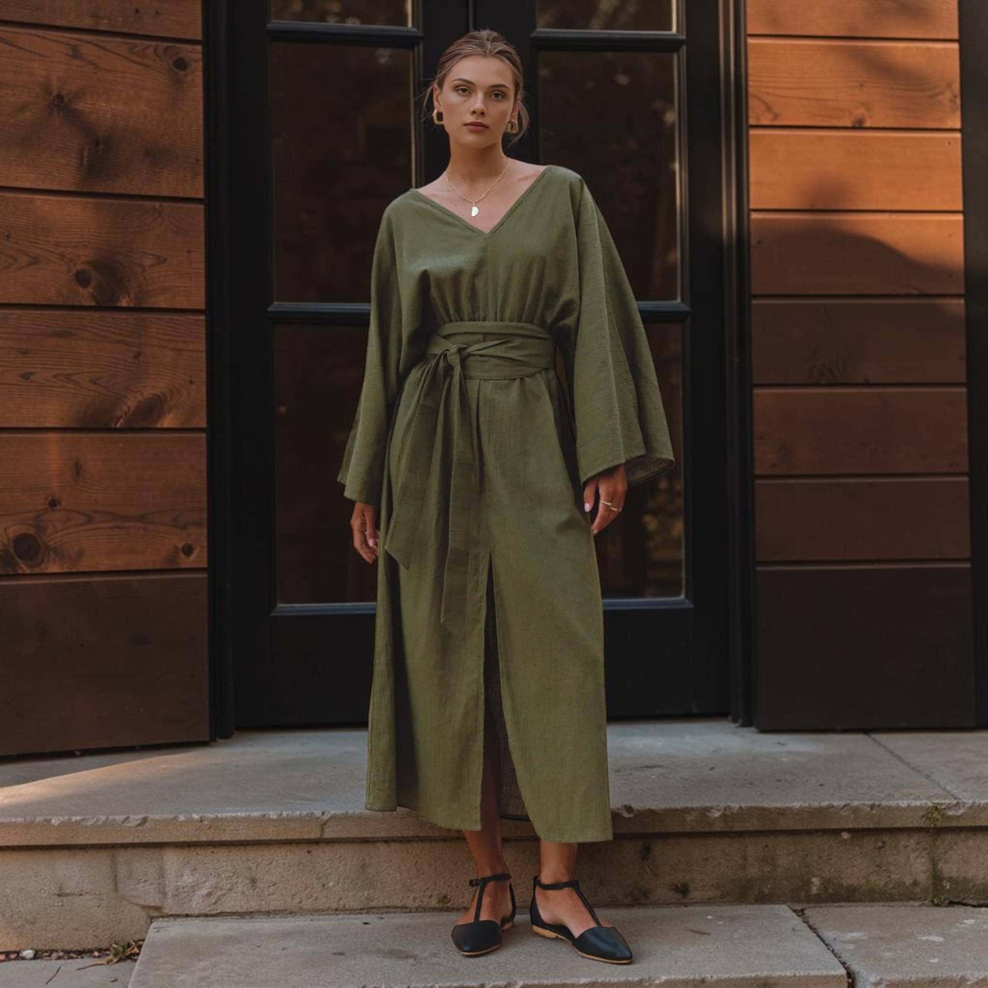 Kimono Sleeve Linen Maxi Dress, Tie Waist